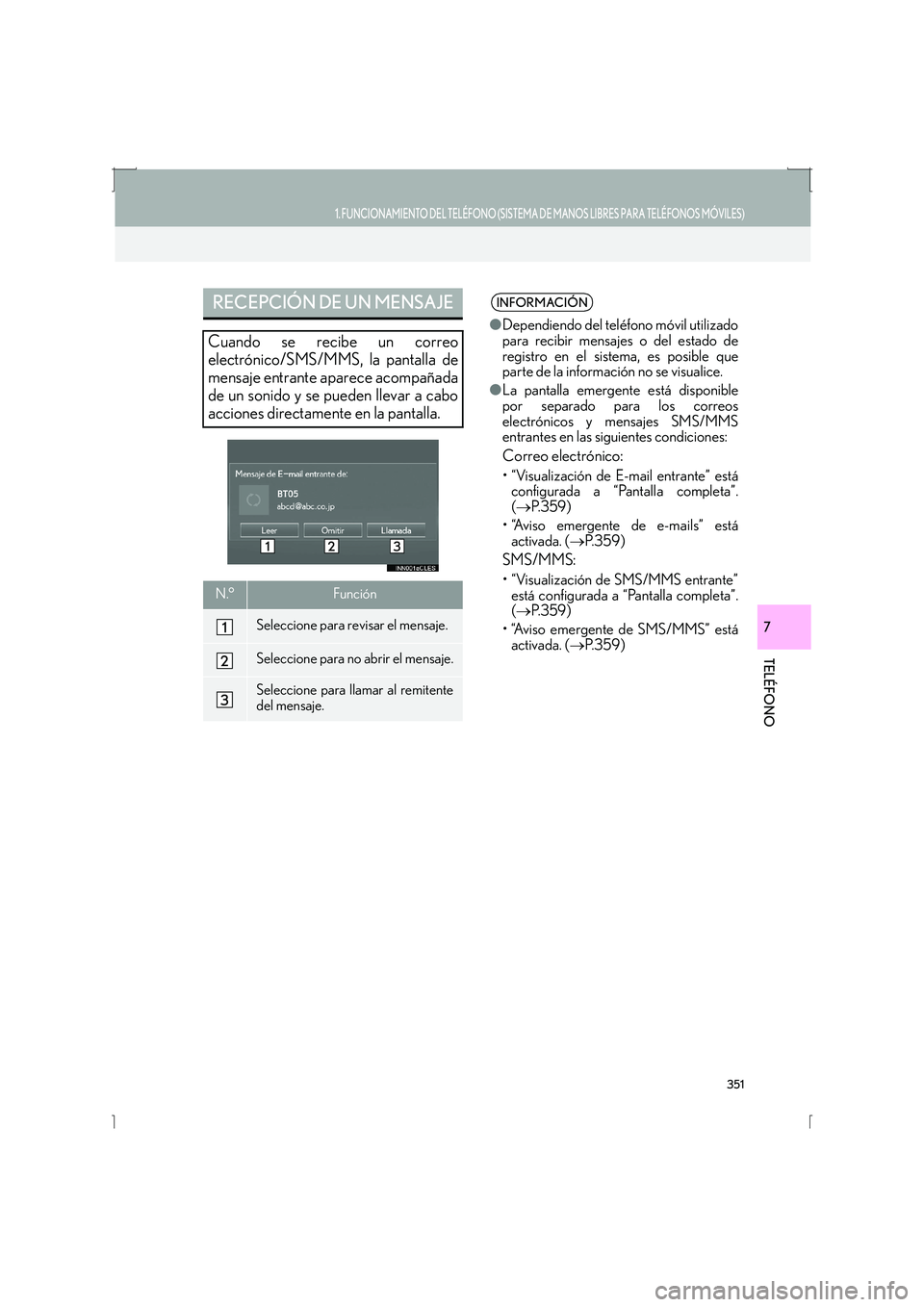 Lexus IS300h 2016 Manual de navegación (in Spanish) 351
1. FUNCIONAMIENTO DEL TELÉFONO (SISTEMA DE MANOS LIBRES PARA TELÉFONOS MÓVILES)
IS_Navi_ES
TELÉFONO
7
RECEPCIÓN DE UN MENSAJE
Cuando se recibe un correo
electrónico/SMS/MMS, la pantalla de
m Lexus IS300h 2016 Manual de navegación (in Spanish) 351
1. FUNCIONAMIENTO DEL TELÉFONO (SISTEMA DE MANOS LIBRES PARA TELÉFONOS MÓVILES)
IS_Navi_ES
TELÉFONO
7
RECEPCIÓN DE UN MENSAJE
Cuando se recibe un correo
electrónico/SMS/MMS, la pantalla de
m