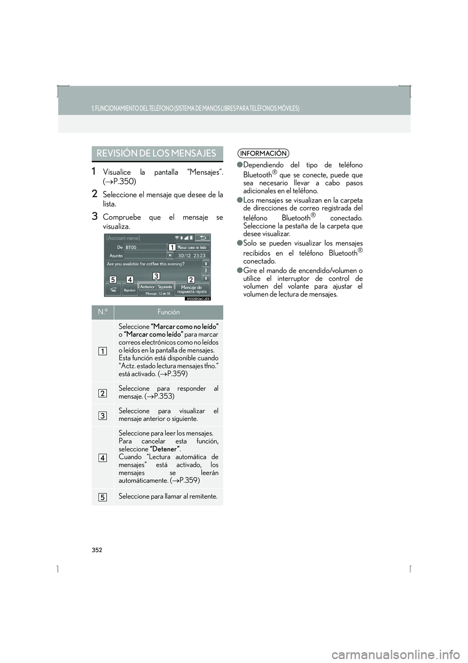 Lexus IS300h 2016 Manual de navegación (in Spanish) 352
1. FUNCIONAMIENTO DEL TELÉFONO (SISTEMA DE MANOS LIBRES PARA TELÉFONOS MÓVILES)
IS_Navi_ES
1Visualice la pantalla “Mensajes”.
(→ P.350)
2Seleccione el mensaje que desee de la
lista.
3Comp Lexus IS300h 2016 Manual de navegación (in Spanish) 352
1. FUNCIONAMIENTO DEL TELÉFONO (SISTEMA DE MANOS LIBRES PARA TELÉFONOS MÓVILES)
IS_Navi_ES
1Visualice la pantalla “Mensajes”.
(→ P.350)
2Seleccione el mensaje que desee de la
lista.
3Comp