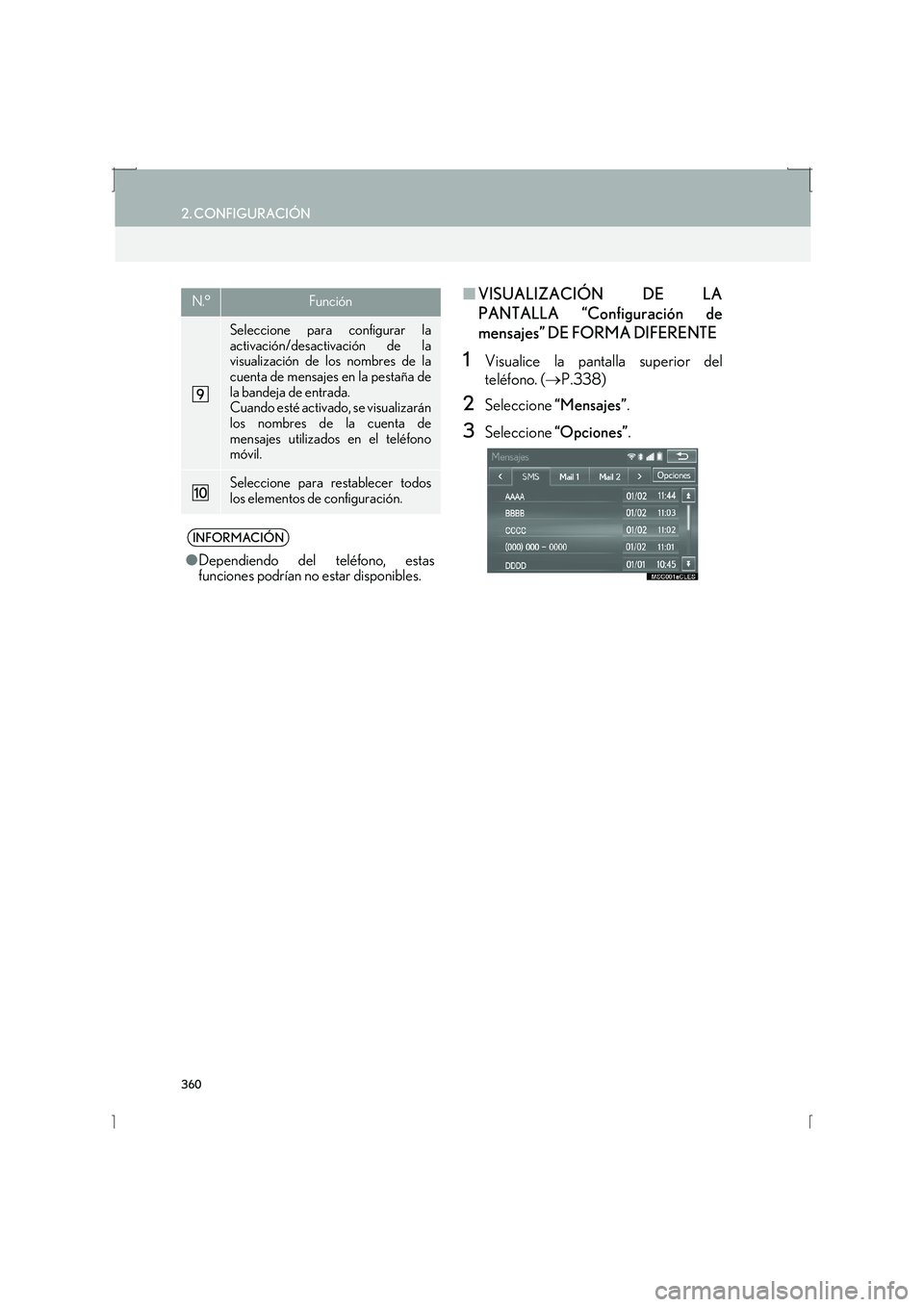 Lexus IS300h 2016 Manual de navegación (in Spanish) 360
2. CONFIGURACIÓN
IS_Navi_ES
■VISUALIZACIÓN DE LA
PANTALLA “Configuración de
mensajes” DE FORMA DIFERENTE
1Visualice la pantalla superior del
teléfono. ( →P.338)
2Seleccione “Mensaje Lexus IS300h 2016 Manual de navegación (in Spanish) 360
2. CONFIGURACIÓN
IS_Navi_ES
■VISUALIZACIÓN DE LA
PANTALLA “Configuración de
mensajes” DE FORMA DIFERENTE
1Visualice la pantalla superior del
teléfono. ( →P.338)
2Seleccione “Mensaje