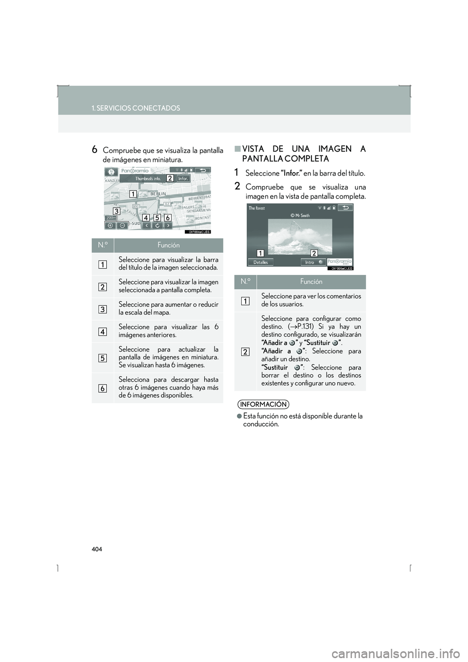 Lexus IS300h 2016  Manual de navegación (in Spanish) 404
1. SERVICIOS CONECTADOS
IS_Navi_ES
6Compruebe que se visualiza la pantalla
de imágenes en miniatura.■VISTA DE UNA IMAGEN A
PANTALLA COMPLETA
1Seleccione  “Infor.” en la barra del título.
2