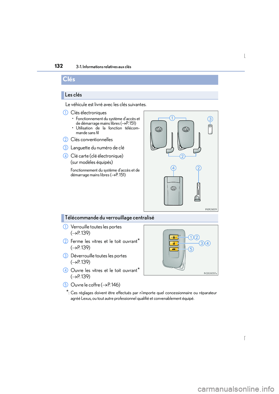 Lexus IS300h 2016  Manuel du propriétaire (in French) 132
IS300h_EK(OM53D57K)
3-1. Informations relatives aux clés
Le véhicule est livré avec les clés suivantes.Clés électroniques
• Fonctionnement du système d’accès etde démarrage mains libr
