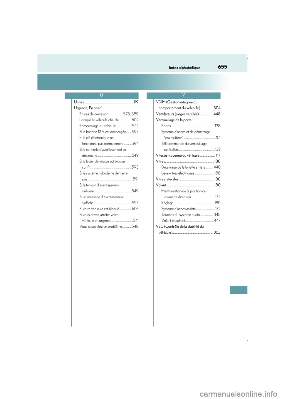 Lexus IS300h 2016  Manuel du propriétaire (in French) 655Index alphabétique
IS300h_EK(OM53D57K)
Unités ..................................................................... 119
Urgence, En cas d’En cas de crevaison ..................... 575, 589
Lors