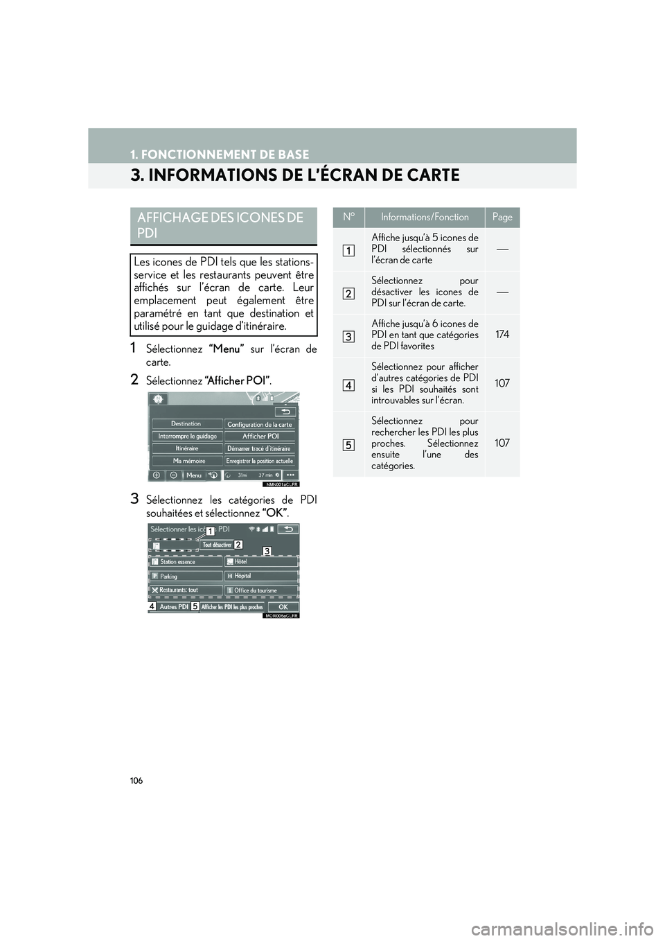 Lexus IS300h 2016  Système de navigation manuel du propriétaire (in French) 106
1. FONCTIONNEMENT DE BASE
IS_Navi_EK
3. INFORMATIONS DE L’ÉCRAN DE CARTE
1Sélectionnez “Menu” sur l’écran de
carte.
2Sélectionnez  “Afficher POI” .
3Sélectionnez les catégories d