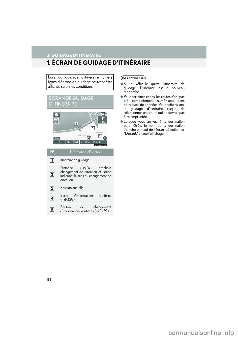 Lexus IS300h 2016  Système de navigation manuel du propriétaire (in French) 138
IS_Navi_EK
3. GUIDAGE D’ITINÉRAIRE
1. ÉCRAN DE GUIDAGE D’ITINÉRAIRE
Lors du guidage d’itinéraire, divers
types d’écrans de guidage peuvent être
affichés selon les conditions.
ÉCRAN