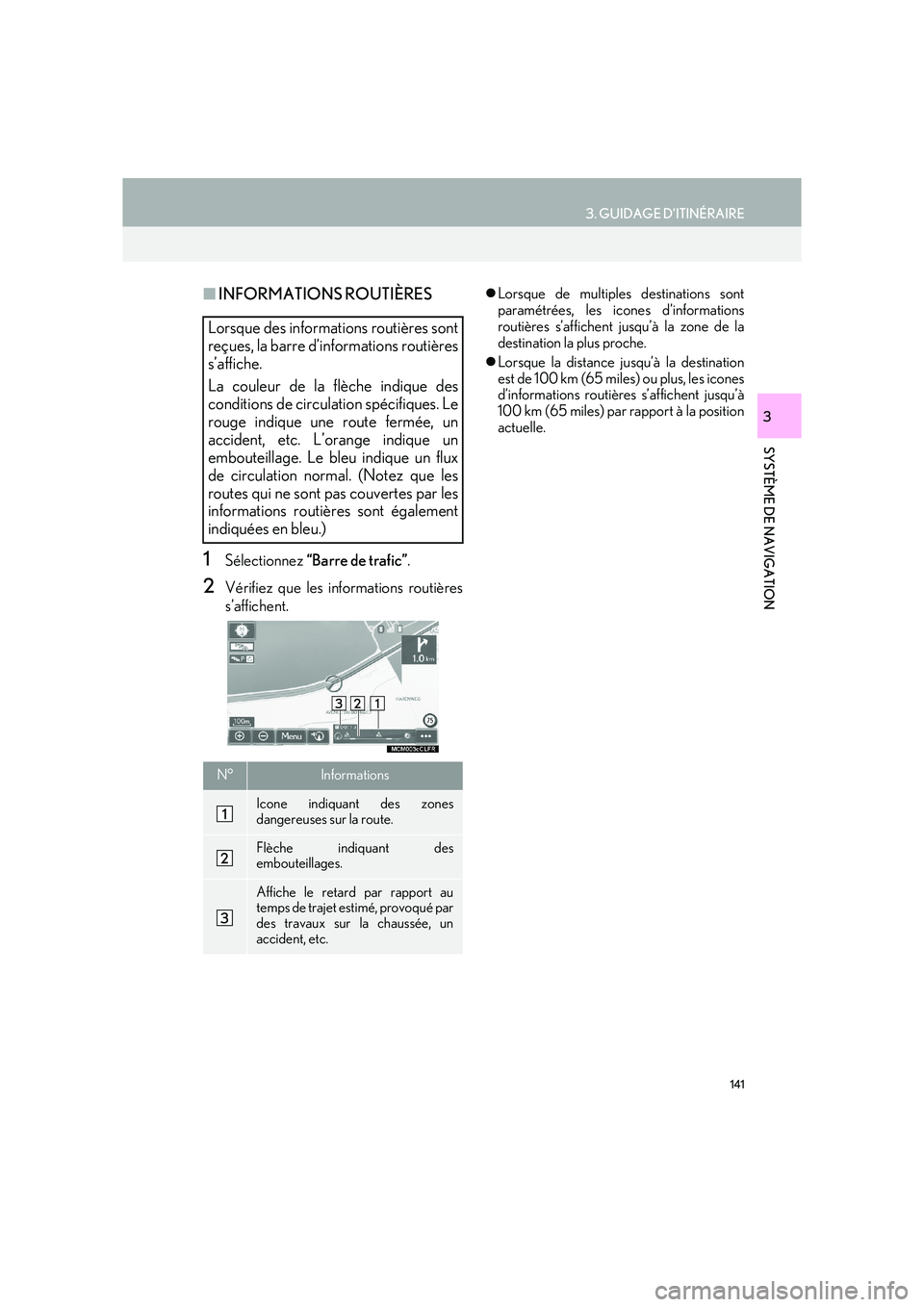Lexus IS300h 2016  Système de navigation manuel du propriétaire (in French) 141
3. GUIDAGE D’ITINÉRAIRE
IS_Navi_EK
SYSTÈME DE NAVIGATION
3
■INFORMATIONS ROUTIÈRES
1Sélectionnez  “Barre de trafic” .
2Vérifiez que les informations routières
s’affichent.
�zLorsqu