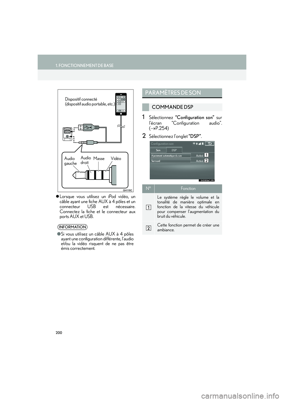 Lexus IS300h 2016  Système de navigation manuel du propriétaire (in French) 200
1. FONCTIONNEMENT DE BASE
IS_Navi_EK
�zLorsque vous utilisez un iPod vidéo, un
câble ayant une fiche AUX à 4 pôles et un
connecteur USB est nécessaire.
Connectez la fiche et le connecteur aux