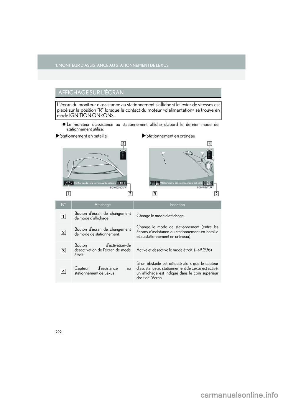 Lexus IS300h 2016  Système de navigation manuel du propriétaire (in French) 292
1. MONITEUR D’ASSISTANCE AU STATIONNEMENT DE LEXUS
IS_Navi_EK
�zLe moniteur d’assistance au stationnement affiche d’abord le dernier mode de
stationnement utilisé.
�XStationnement en batail