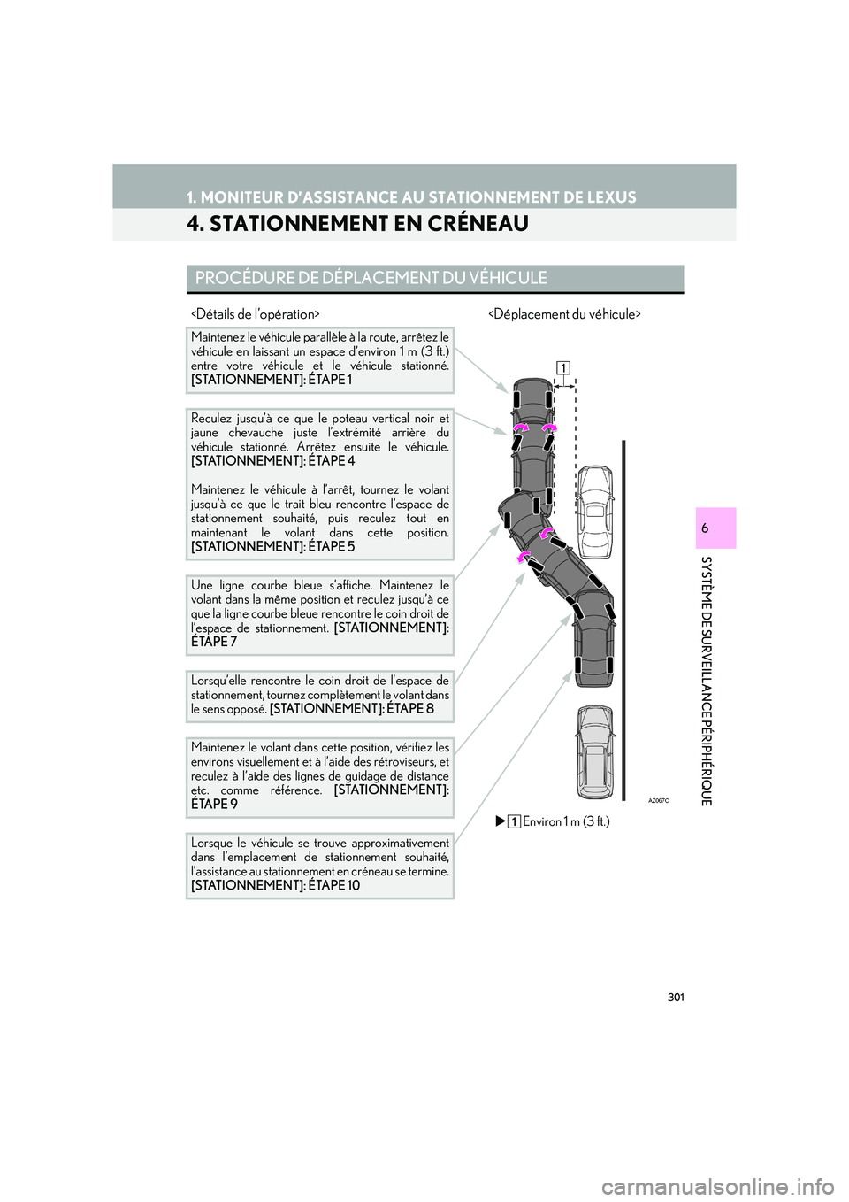 Lexus IS300h 2016 Système de navigation manuel du propriétaire (in French) 301
1. MONITEUR D’ASSISTANCE AU STATIONNEMENT DE LEXUS
IS_Navi_EK
SYSTÈME DE SURVEILLANCE PÉRIPHÉRIQUE
6
4. STATIONNEMENT EN CRÉNEAU
PROCÉDURE DE DÉPLACEMENT DU VÉHICULE
<Détails de l’opé Lexus IS300h 2016 Système de navigation manuel du propriétaire (in French) 301
1. MONITEUR D’ASSISTANCE AU STATIONNEMENT DE LEXUS
IS_Navi_EK
SYSTÈME DE SURVEILLANCE PÉRIPHÉRIQUE
6
4. STATIONNEMENT EN CRÉNEAU
PROCÉDURE DE DÉPLACEMENT DU VÉHICULE
<Détails de l’opé