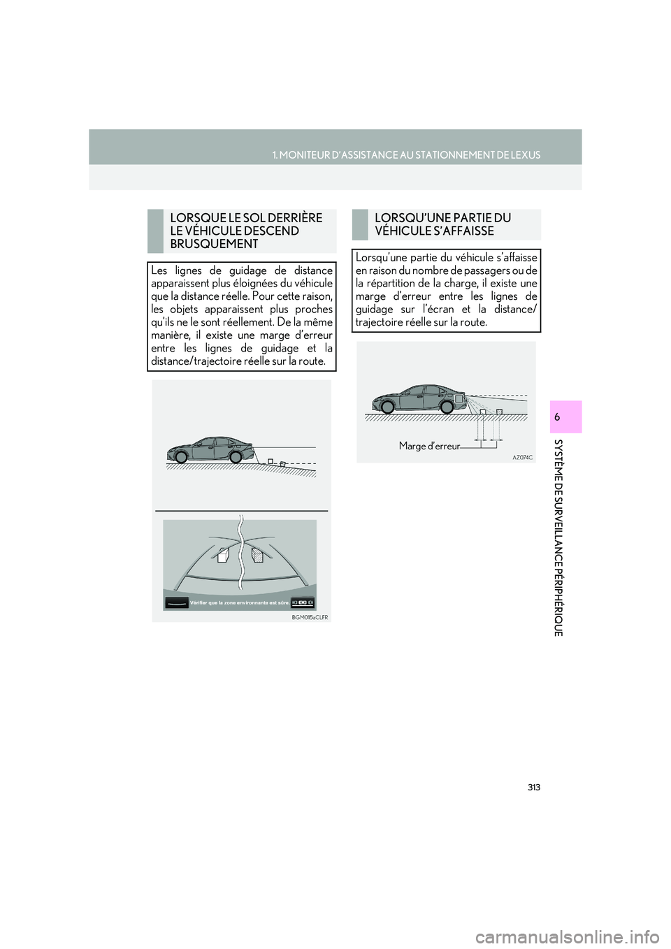 Lexus IS300h 2016  Système de navigation manuel du propriétaire (in French) 313
1. MONITEUR D’ASSISTANCE AU STATIONNEMENT DE LEXUS
SYSTÈME DE SURVEILLANCE PÉRIPHÉRIQUE
IS_Navi_EK
6
LORSQUE LE SOL DERRIÈRE 
LE VÉHICULE DESCEND 
BRUSQUEMENT
Les lignes de guidage de dista