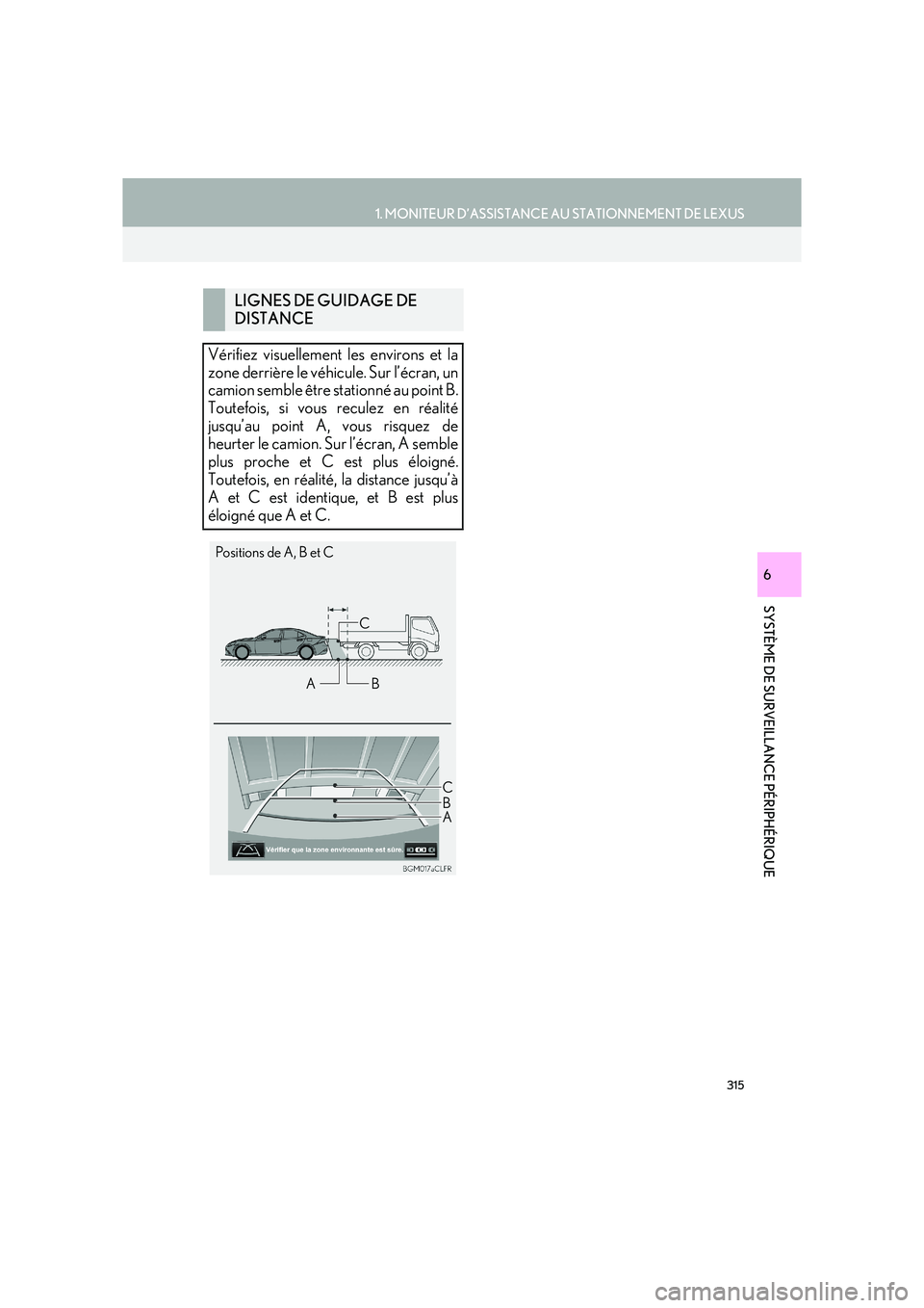 Lexus IS300h 2016  Système de navigation manuel du propriétaire (in French) 315
1. MONITEUR D’ASSISTANCE AU STATIONNEMENT DE LEXUS
SYSTÈME DE SURVEILLANCE PÉRIPHÉRIQUE
IS_Navi_EK
6
LIGNES DE GUIDAGE DE 
DISTANCE
Vérifiez visuellement les environs et la
zone derrière le