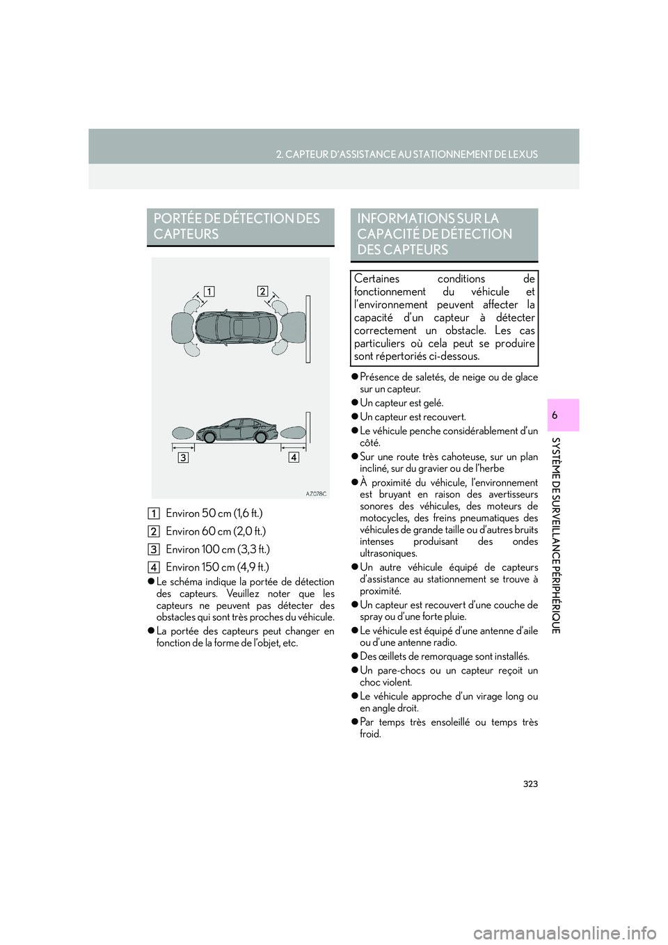 Lexus IS300h 2016  Système de navigation manuel du propriétaire (in French) 323
2. CAPTEUR D’ASSISTANCE AU STATIONNEMENT DE LEXUS
IS_Navi_EK
SYSTÈME DE SURVEILLANCE PÉRIPHÉRIQUE
6
Environ 50 cm (1,6 ft.)
Environ 60 cm (2,0 ft.)
Environ 100 cm (3,3 ft.)
Environ 150 cm (4,