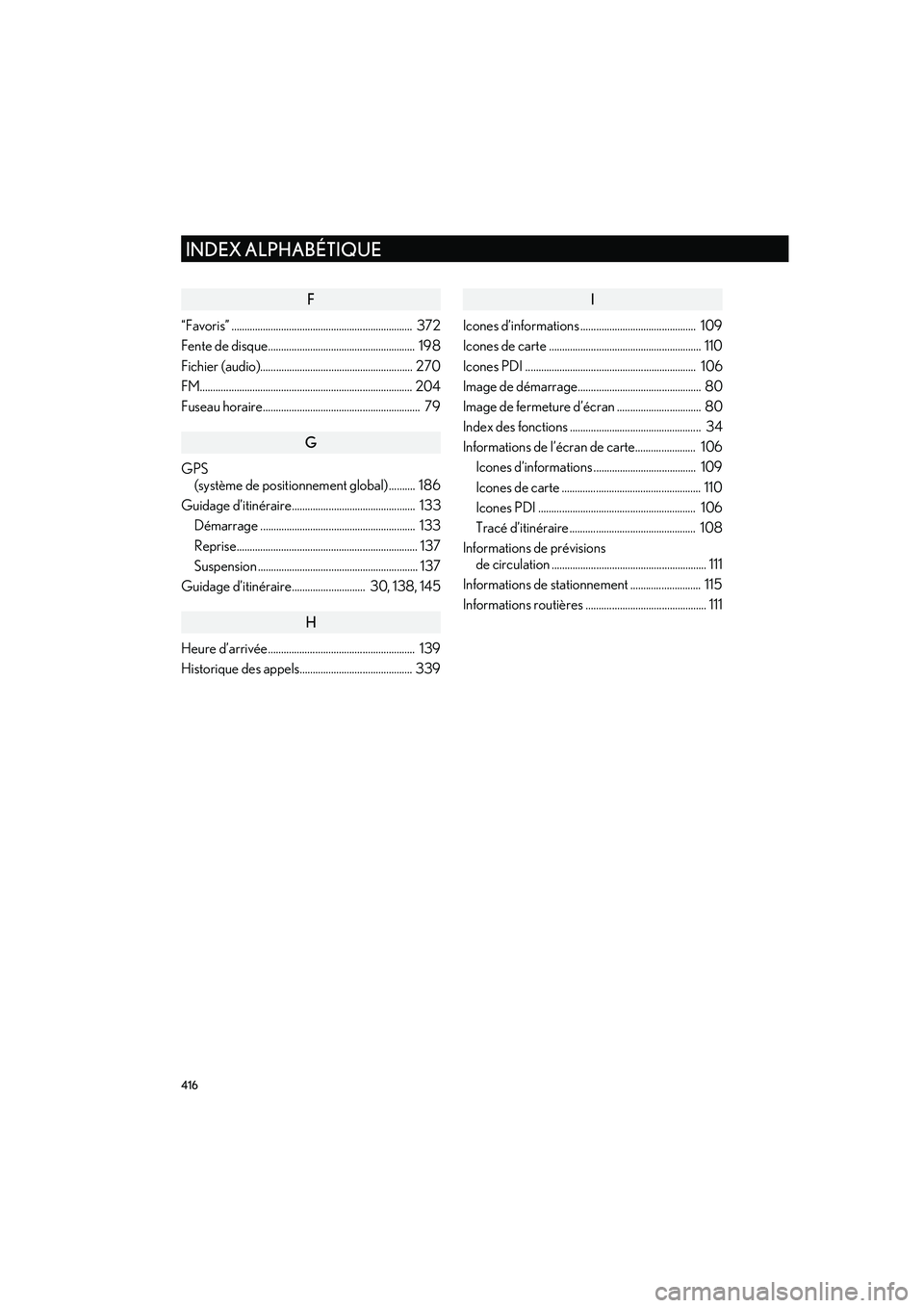 Lexus IS300h 2016  Système de navigation manuel du propriétaire (in French) 416
INDEX ALPHABÉTIQUE
IS_Navi_EK
F
“Favoris” .....................................................................  372
Fente de disque........................................................  1