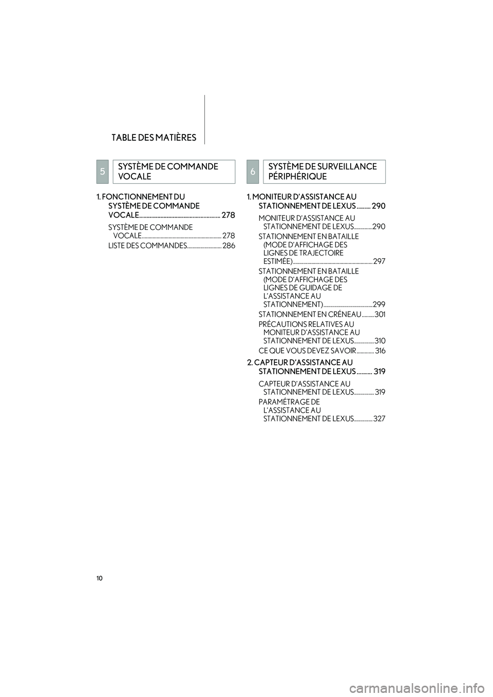 Lexus IS300h 2016  Système de navigation manuel du propriétaire (in French) TABLE DES MATIÈRES
10
IS_Navi_EK1. FONCTIONNEMENT DU 
SYSTÈME DE COMMANDE 
VOCALE..................................................... 278
SYSTÈME DE COMMANDE VOCALE................................