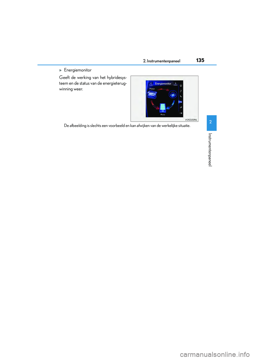 Lexus IS300h 2016  Manual (in Dutch) 1352. Instrumentenpaneel
2
Instrumentenpaneel
IS300h_EE(OM53D89E)
Energiemonitor
Geeft de werking van het hybridesys-
teem en de status van de energieterug-
winning weer.
De afbeelding is slechts e