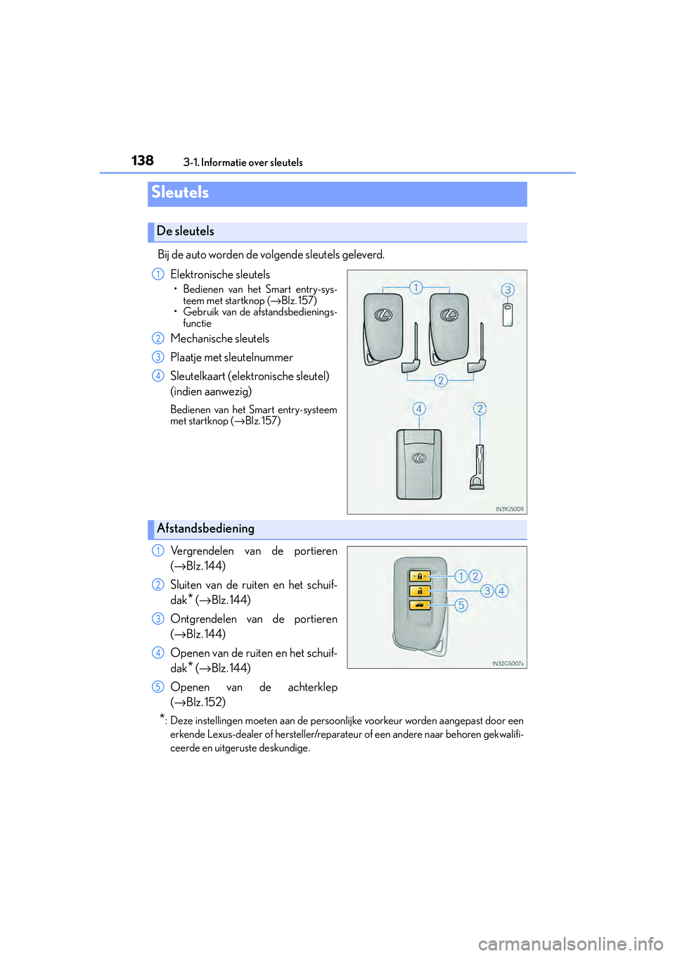 Lexus IS300h 2016  Manual (in Dutch) 138
IS300h_EE(OM53D89E)3-1. Informatie over sleutels
Bij de auto worden de volgende sleutels geleverd.
Elektronische sleutels
• Bedienen van het Smart entry-sys-teem met startknop ( →Blz. 157)
•
