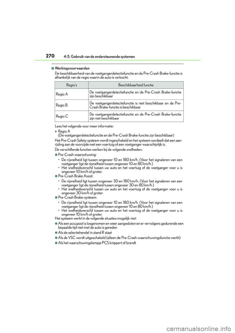 Lexus IS300h 2016 Manual (in Dutch) 2704-5. Gebruik van de ondersteunende systemen
IS300h_EE(OM53D89E)
■Werkingsvoorwaarden
De beschikbaarheid van de voetgangerdetectiefunctie en de Pre-Crash Brake-functie is
afhankelijk van de regio Lexus IS300h 2016 Manual (in Dutch) 2704-5. Gebruik van de ondersteunende systemen
IS300h_EE(OM53D89E)
■Werkingsvoorwaarden
De beschikbaarheid van de voetgangerdetectiefunctie en de Pre-Crash Brake-functie is
afhankelijk van de regio