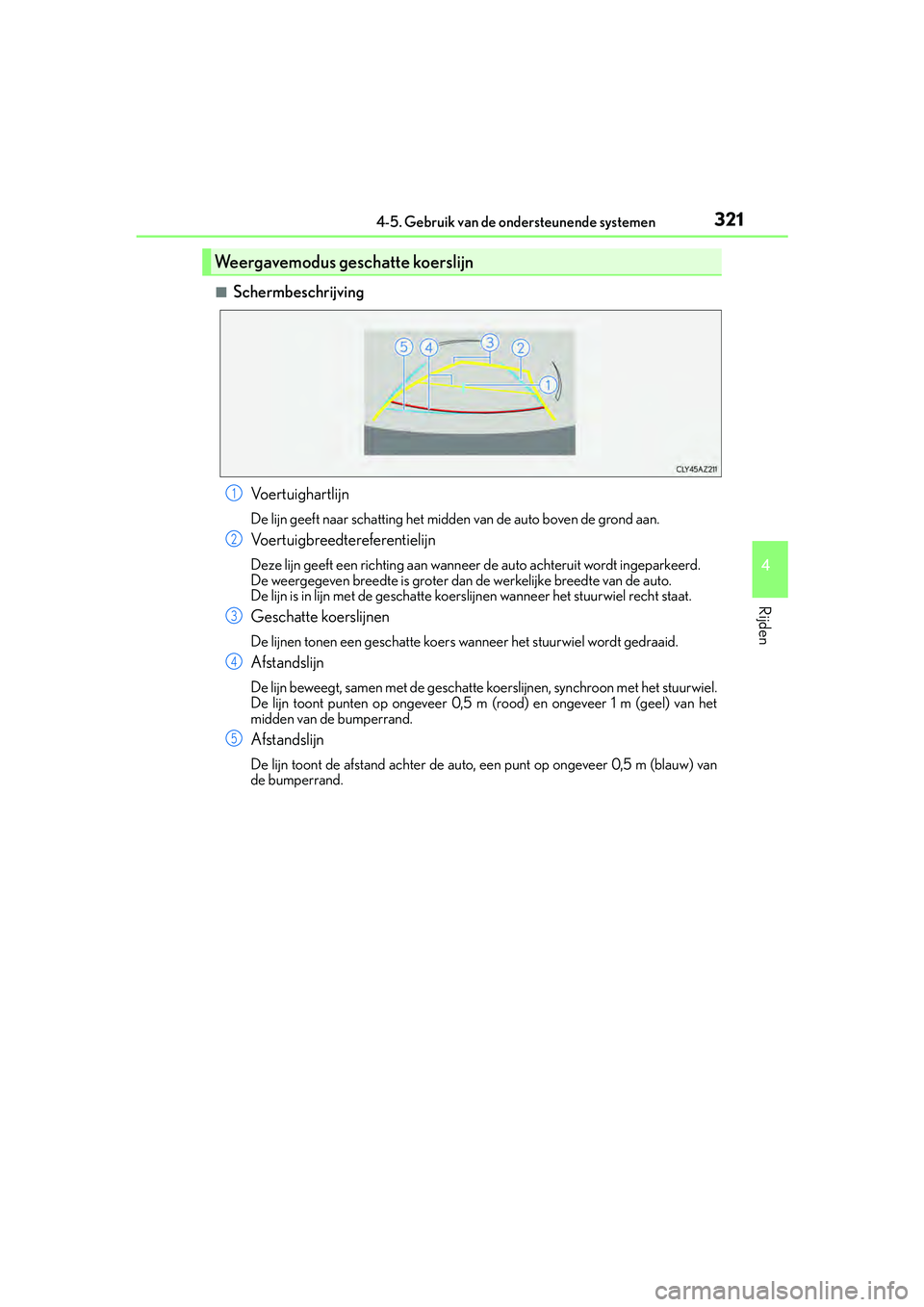 Lexus IS300h 2016  Manual (in Dutch) 3214-5. Gebruik van de ondersteunende systemen
4
Rijden
IS300h_EE(OM53D89E)
■Schermbeschrijving
Voertuighartlijn
De lijn geeft naar schatting het midden van de auto boven de grond aan.
Voertuigbreed
