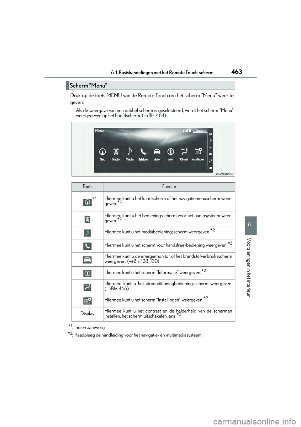 Lexus IS300h 2016  Manual (in Dutch) 4636-1. Basishandelingen met het Remote Touch-scherm
6
Voorzieningen in het interieur
IS300h_EE(OM53D89E)
Druk op de toets MENU van de Remote Touch om het scherm “Menu” weer te
geven.
Als de weerg
