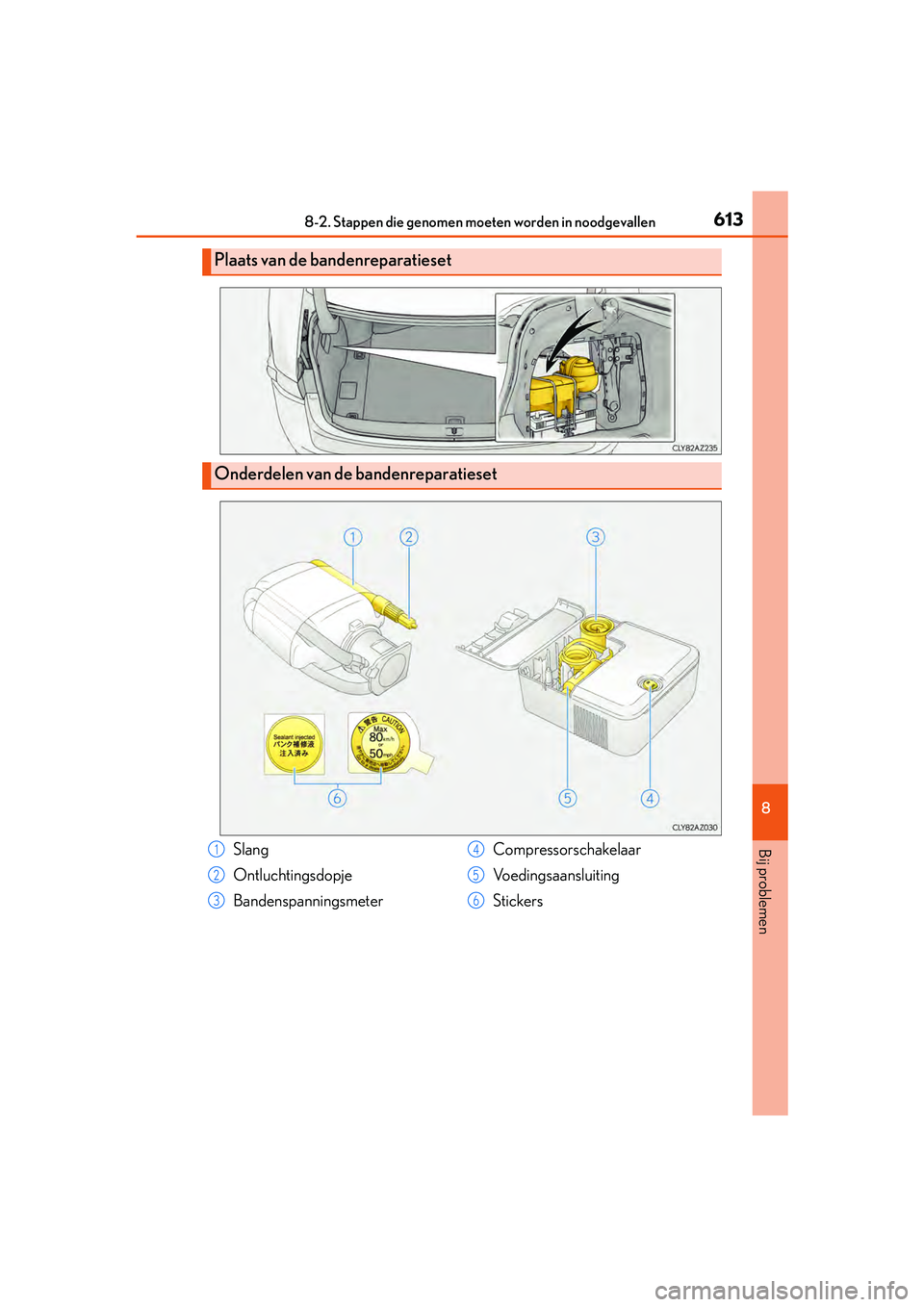 Lexus IS300h 2016  Manual (in Dutch) 6138-2. Stappen die genomen moeten worden in noodgevallen
8
Bij problemen
IS300h_EE(OM53D89E)
Plaats van de bandenreparatieset
Onderdelen van de bandenreparatieset
Slang
Ontluchtingsdopje
Bandenspanni