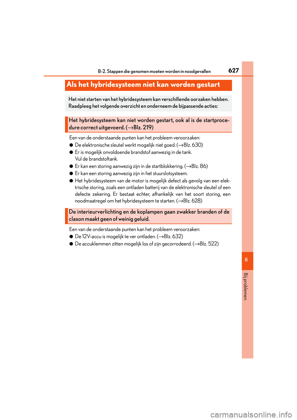 Lexus IS300h 2016 Manual (in Dutch) 6278-2. Stappen die genomen moeten worden in noodgevallen
8
Bij problemen
IS300h_EE(OM53D89E)
Een van de onderstaande punten kan het probleem veroorzaken:
●De elektronische sleutel werkt mogelijk ni Lexus IS300h 2016 Manual (in Dutch) 6278-2. Stappen die genomen moeten worden in noodgevallen
8
Bij problemen
IS300h_EE(OM53D89E)
Een van de onderstaande punten kan het probleem veroorzaken:
●De elektronische sleutel werkt mogelijk ni