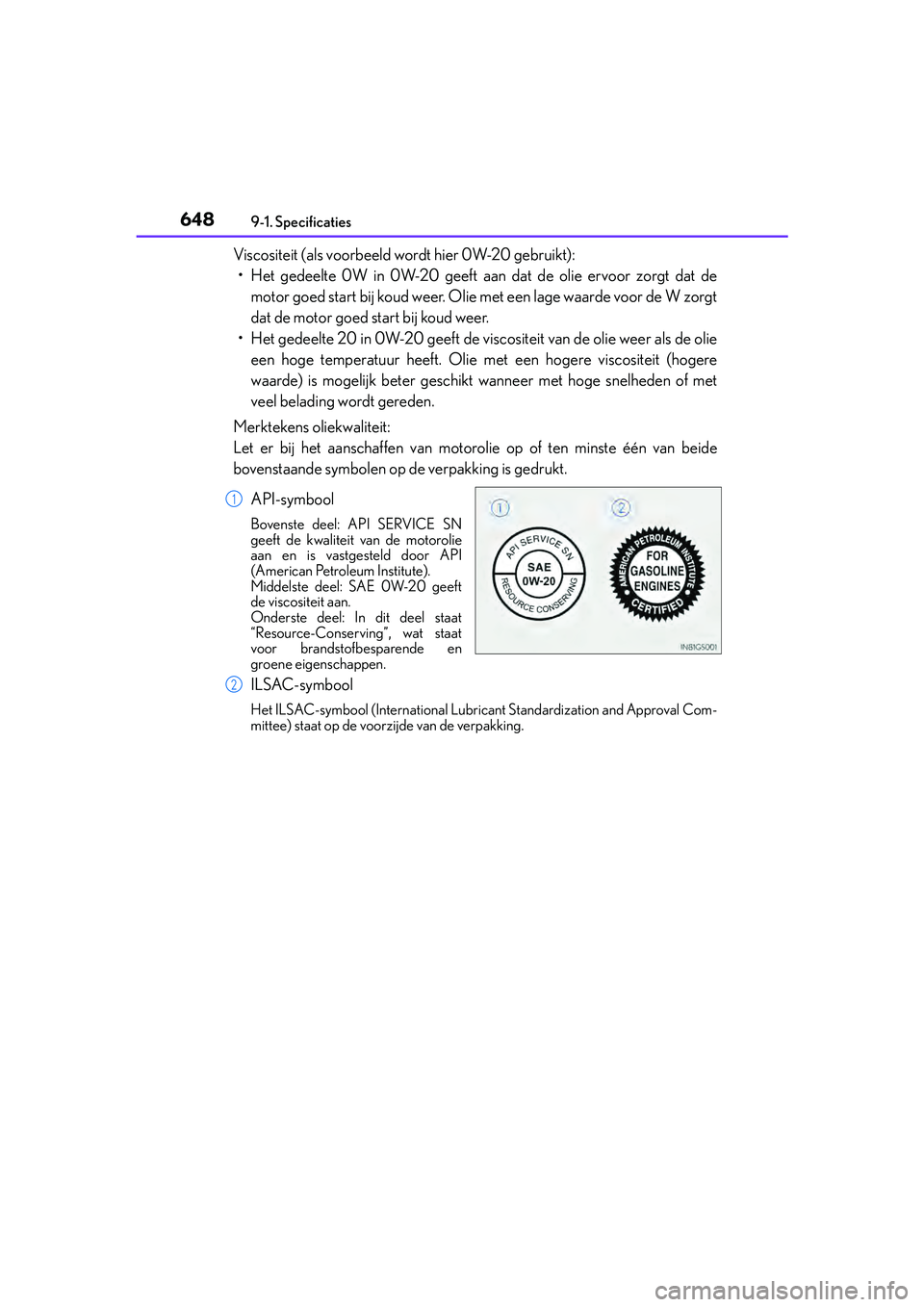 Lexus IS300h 2016 Manual (in Dutch) 6489-1. Specificaties
IS300h_EE(OM53D89E)
Viscositeit (als voorbeeld wordt hier 0W-20 gebruikt): • Het gedeelte 0W in 0W-20 geeft aan dat de olie ervoor zorgt dat de motor goed start bij koud weer. Lexus IS300h 2016 Manual (in Dutch) 6489-1. Specificaties
IS300h_EE(OM53D89E)
Viscositeit (als voorbeeld wordt hier 0W-20 gebruikt): • Het gedeelte 0W in 0W-20 geeft aan dat de olie ervoor zorgt dat de motor goed start bij koud weer.