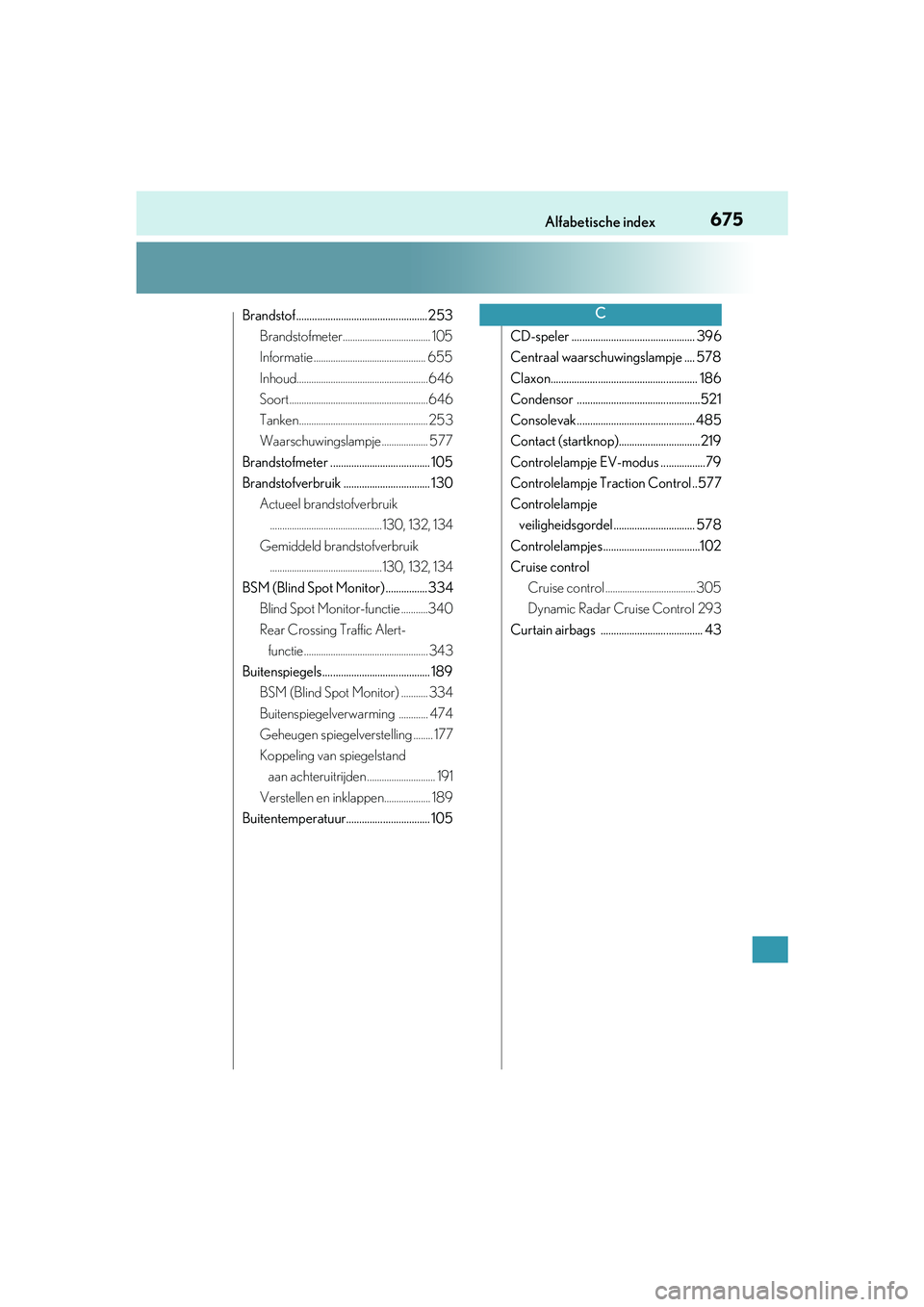 Lexus IS300h 2016  Manual (in Dutch) 675Alfabetische index
IS300h_EE(OM53D89E)
Brandstof .................................................. 253Brandstofmeter.................................... 105
Informatie ............................