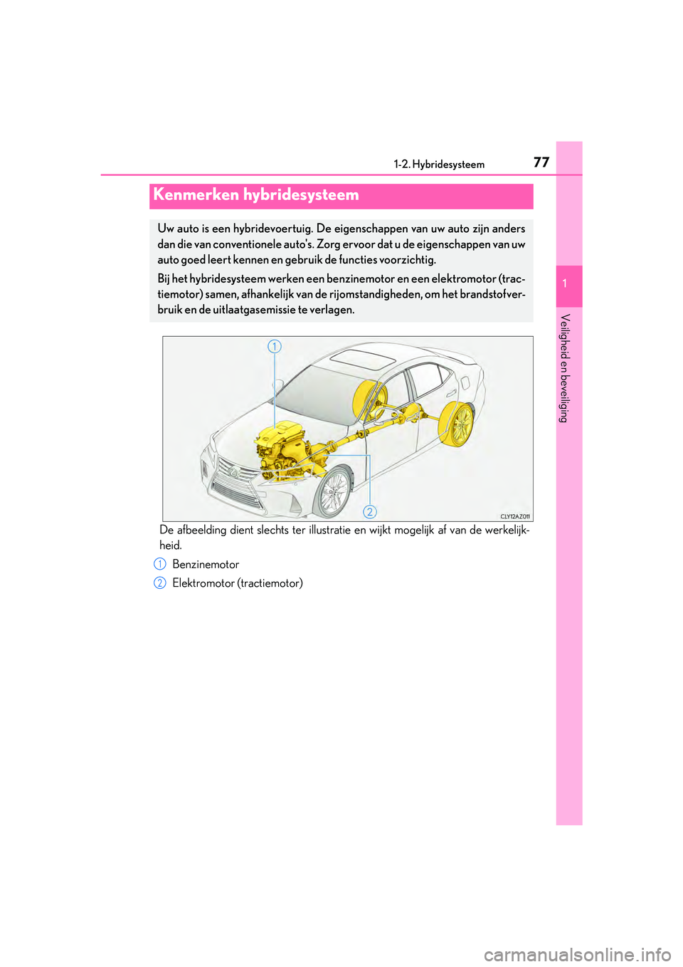 Lexus IS300h 2016 Manual (in Dutch) 77
1
Veiligheid en beveiliging
IS300h_EE(OM53D89E)1-2. Hybridesysteem
De afbeelding dient slechts ter illustrati
e en wijkt mogelijk af van de werkelijk-
heid.
Benzinemotor
Elektromotor (tractiemotor) Lexus IS300h 2016 Manual (in Dutch) 77
1
Veiligheid en beveiliging
IS300h_EE(OM53D89E)1-2. Hybridesysteem
De afbeelding dient slechts ter illustrati
e en wijkt mogelijk af van de werkelijk-
heid.
Benzinemotor
Elektromotor (tractiemotor)