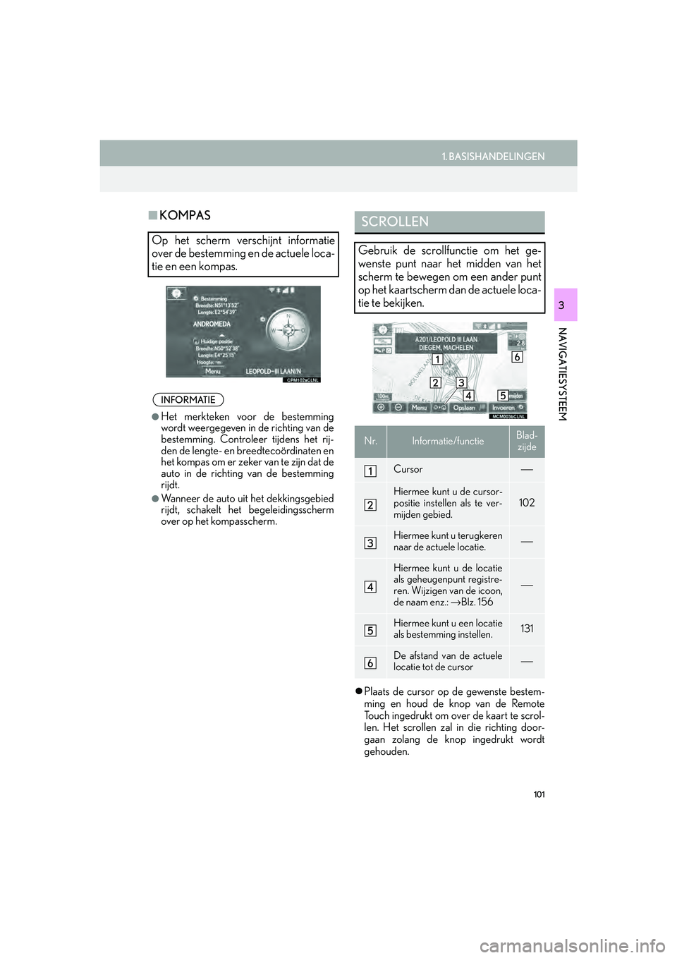 Lexus IS300h 2016 Navigation manual (in Dutch) 101
1. BASISHANDELINGEN
IS_Navi_EE
NAVIGATIESYSTEEM
3
■KOMPAS
Plaats de cursor op de gewenste bestem-
ming en houd de knop van de Remote
Touch ingedrukt om over de kaart te scrol-
len. Het scroll Lexus IS300h 2016 Navigation manual (in Dutch) 101
1. BASISHANDELINGEN
IS_Navi_EE
NAVIGATIESYSTEEM
3
■KOMPAS
Plaats de cursor op de gewenste bestem-
ming en houd de knop van de Remote
Touch ingedrukt om over de kaart te scrol-
len. Het scroll