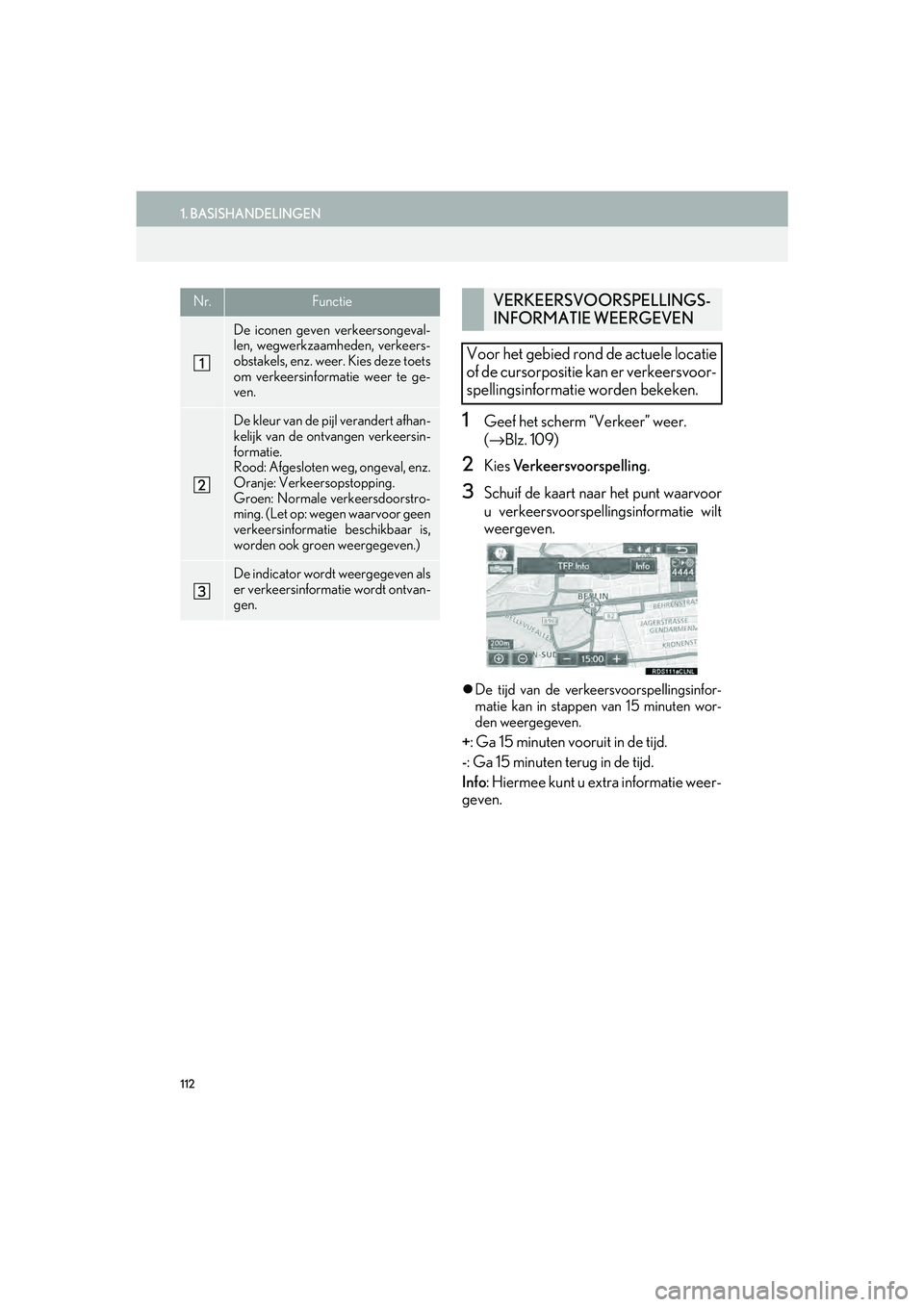 Lexus IS300h 2016 Navigation manual (in Dutch) 112
1. BASISHANDELINGEN
IS_Navi_EE
1Geef het scherm “Verkeer” weer.
(→ Blz. 109)
2Kies Verkeersvoorspelling .
3Schuif de kaart naar het punt waarvoor
u verkeersvoorspellingsinformatie wilt
wee Lexus IS300h 2016 Navigation manual (in Dutch) 112
1. BASISHANDELINGEN
IS_Navi_EE
1Geef het scherm “Verkeer” weer.
(→ Blz. 109)
2Kies Verkeersvoorspelling .
3Schuif de kaart naar het punt waarvoor
u verkeersvoorspellingsinformatie wilt
wee