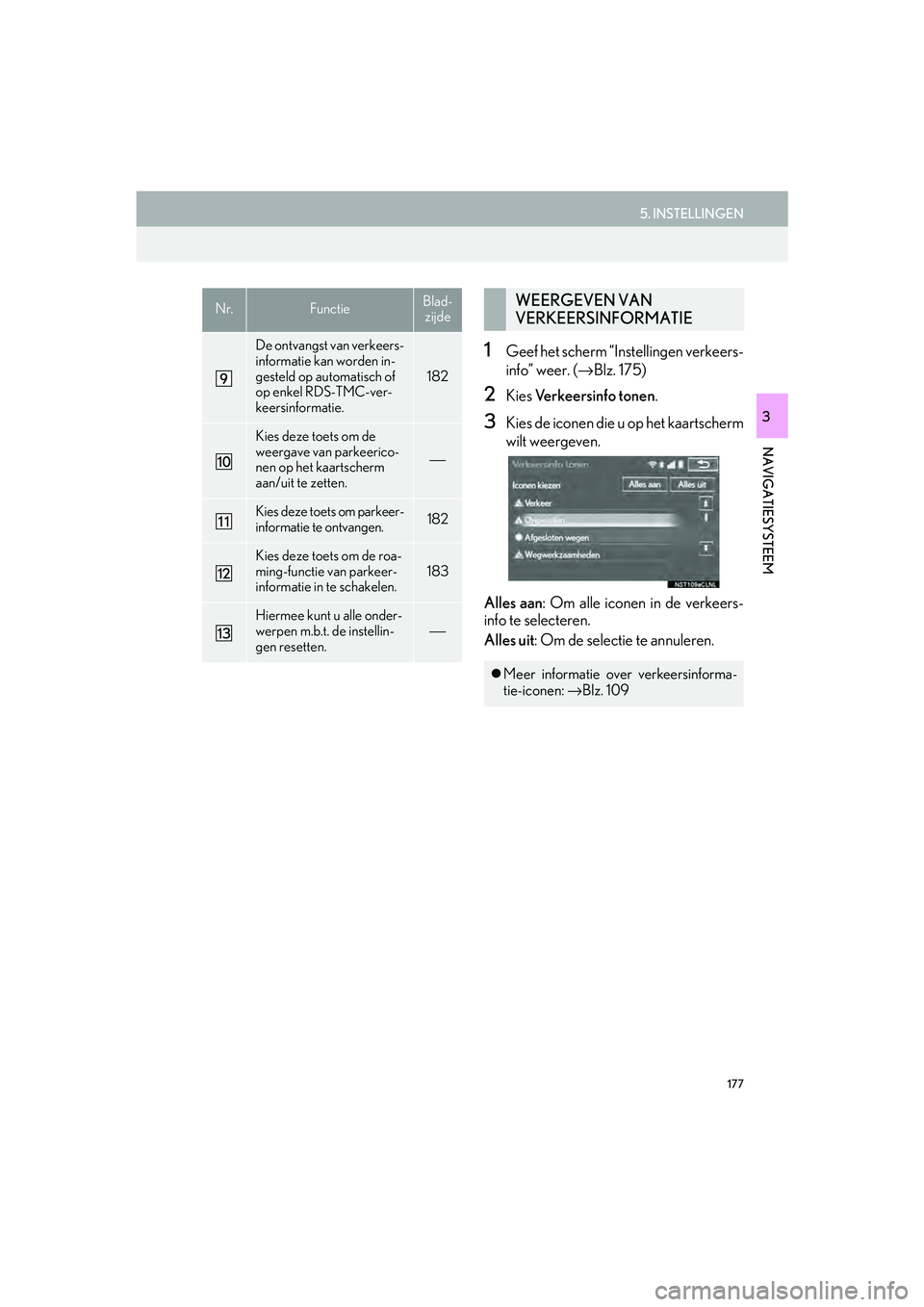 Lexus IS300h 2016 Navigation manual (in Dutch) 177
5. INSTELLINGEN
IS_Navi_EE
NAVIGATIESYSTEEM
3
1Geef het scherm “Instellingen verkeers-
info” weer. (→ Blz. 175)
2Kies Verkeersinfo tonen.
3Kies de iconen die u op het kaartscherm
wilt weerge Lexus IS300h 2016 Navigation manual (in Dutch) 177
5. INSTELLINGEN
IS_Navi_EE
NAVIGATIESYSTEEM
3
1Geef het scherm “Instellingen verkeers-
info” weer. (→ Blz. 175)
2Kies Verkeersinfo tonen.
3Kies de iconen die u op het kaartscherm
wilt weerge