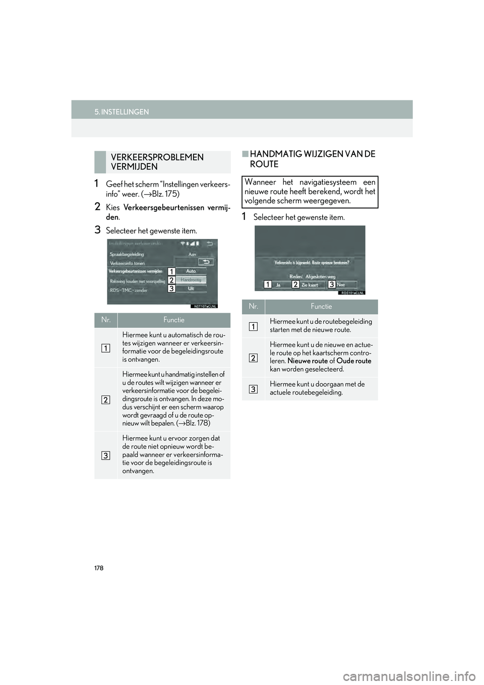 Lexus IS300h 2016 Navigation manual (in Dutch) 178
5. INSTELLINGEN
IS_Navi_EE
1Geef het scherm “Instellingen verkeers-
info” weer. (→ Blz. 175)
2Kies Verkeersgebeurtenissen vermij-
den .
3Selecteer het gewenste item.
■HANDMATIG WIJZIGEN VA Lexus IS300h 2016 Navigation manual (in Dutch) 178
5. INSTELLINGEN
IS_Navi_EE
1Geef het scherm “Instellingen verkeers-
info” weer. (→ Blz. 175)
2Kies Verkeersgebeurtenissen vermij-
den .
3Selecteer het gewenste item.
■HANDMATIG WIJZIGEN VA