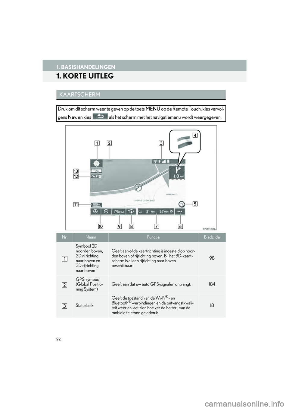 Lexus IS300h 2016 Navigation manual (in Dutch) 92
IS_Navi_EE
1. BASISHANDELINGEN
1. KORTE UITLEG
KAARTSCHERM
Druk om dit scherm weer te geven op de toets MENU op de Remote Touch, kies vervol-
gens
Nav. en kies als het scherm met het navigatieme Lexus IS300h 2016 Navigation manual (in Dutch) 92
IS_Navi_EE
1. BASISHANDELINGEN
1. KORTE UITLEG
KAARTSCHERM
Druk om dit scherm weer te geven op de toets MENU op de Remote Touch, kies vervol-
gens
Nav. en kies als het scherm met het navigatieme