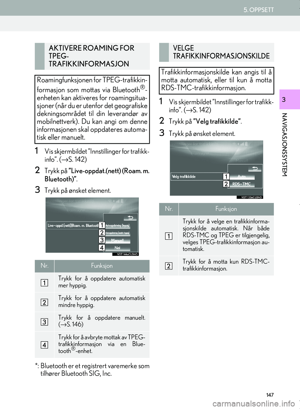 Lexus IS300h 2016  Navigasjon (in Norwegian) 147
5. OPPSETT
OM53E02NO
NAVIGASJONSSYSTEM
3
1Vis skjermbildet ”Innstillinger for trafikk-
info”. (→S. 142)
2Trykk på  ”Live-oppdat.(nett) (Roam. m.
Bluetooth)” .
3Trykk på ønsket element
