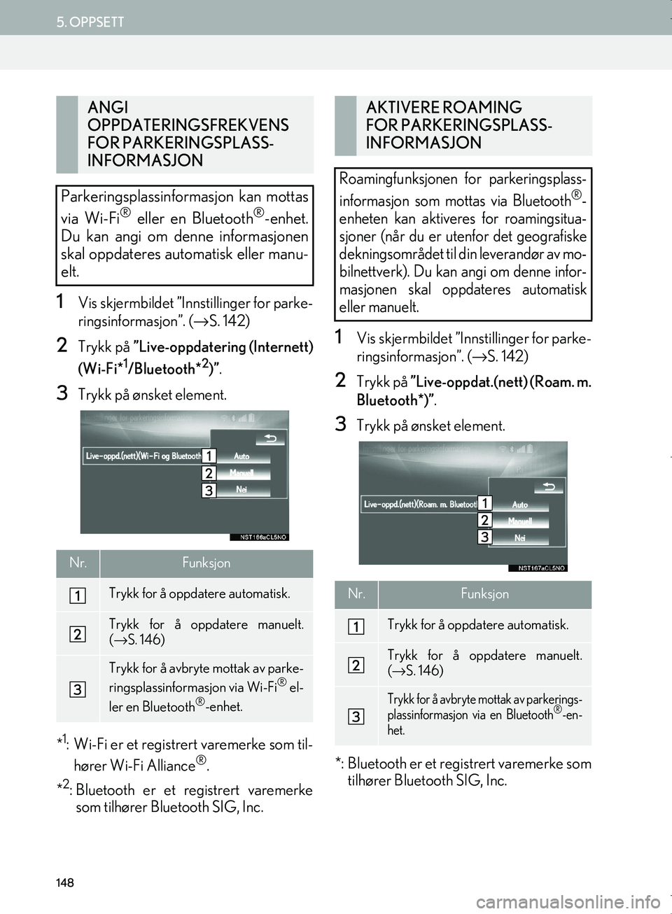 Lexus IS300h 2016  Navigasjon (in Norwegian) 148
5. OPPSETT
OM53E02NO
1Vis skjermbildet ”Innstillinger for parke-
ringsinformasjon”. (→S. 142)
2Trykk på  ”Live-oppdatering (Internett)
(Wi-Fi*
1/Bluetooth*2)” .
3Trykk på ønsket eleme