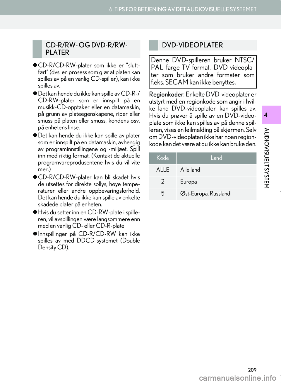 Lexus IS300h 2016  Navigasjon (in Norwegian) 209
6. TIPS FOR BETJENING AV DET AUDIOVISUELLE SYSTEMET
OM53E02NO
AUDIOVISUELT SYSTEM
4
CD-R/CD-RW-plater som ikke er ”slutt-
ført” (dvs. en prosess som gjør at platen kan
spilles av på en v