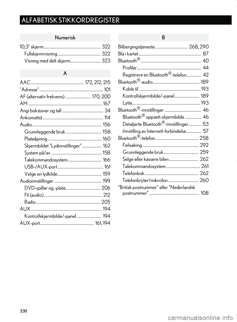 Lexus IS300h 2016  Navigasjon (in Norwegian) 330
ALFABETISK STIKKORDREGISTER
OM53E02NO
Numerisk
10,3” skjerm..............................................................  322Fullskjermvisning ...............................................  3