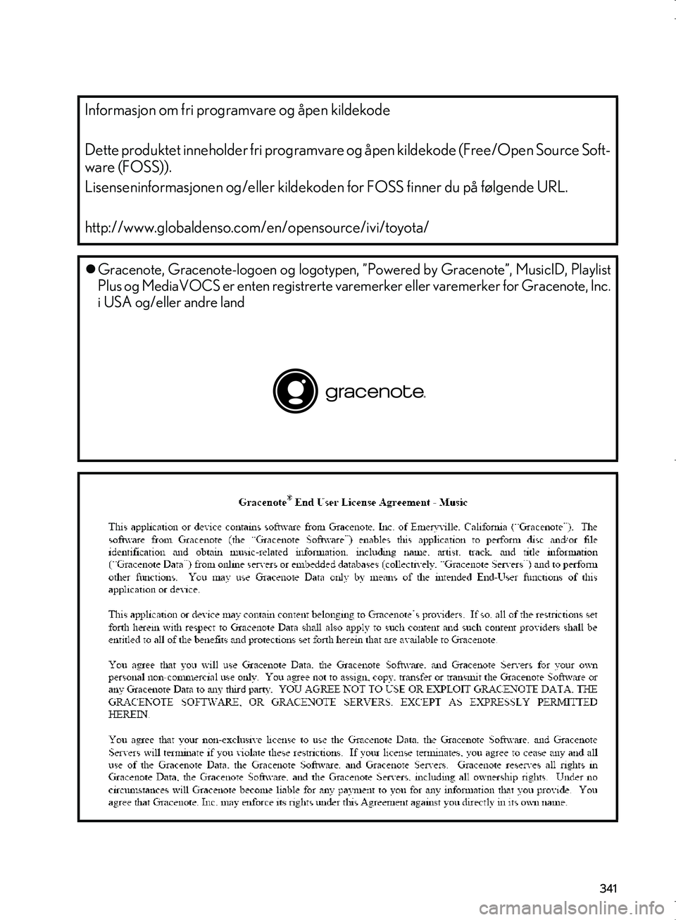 Lexus IS300h 2016 Navigasjon (in Norwegian) 341
OM53E02NO
Informasjon om fri programvare og åpen kildekode
Dette produktet inneholder fri programvare og åpen kildekode (Free/Open Source Soft-
ware (FOSS)).
Lisenseninformasjonen og/eller kilde Lexus IS300h 2016 Navigasjon (in Norwegian) 341
OM53E02NO
Informasjon om fri programvare og åpen kildekode
Dette produktet inneholder fri programvare og åpen kildekode (Free/Open Source Soft-
ware (FOSS)).
Lisenseninformasjonen og/eller kilde
