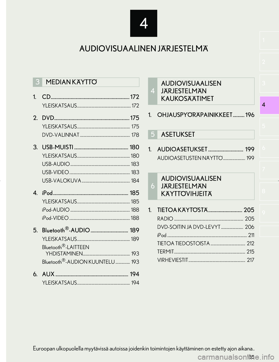 Lexus IS300h 2016  Navigointi manuaalinen (in Finnish) 4
155
OM53E02FI
4
2
1
3
5
6
7
8
9
1. CD................................................................... 172
YLEISKATSAUS........................................................ 172
2. DVD..........