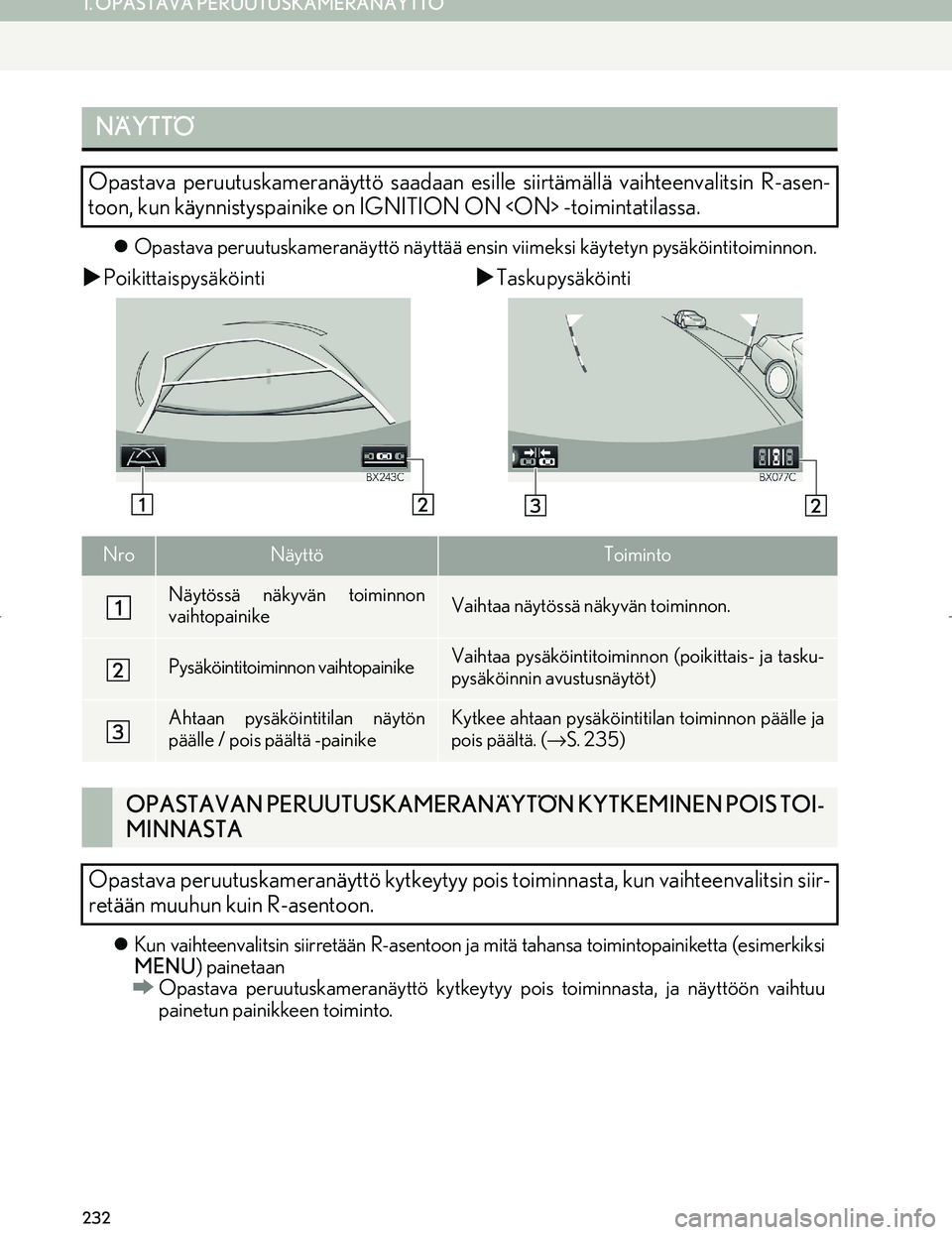 Lexus IS300h 2016  Navigointi manuaalinen (in Finnish) 232
1. OPASTAVA PERUUTUSKAMERANÄYTTÖ
OM53E02FI
Opastava peruutuskameranäyttö näyttää ensi n viimeksi käytetyn pysäköintitoiminnon.
�XPoikittaispysäköinti �XTaskupysäköinti
 Kun vai