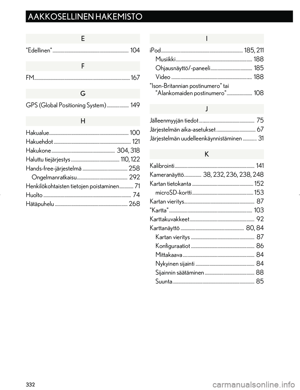Lexus IS300h 2016 Navigointi manuaalinen (in Finnish) 332
AAKKOSELLINEN HAKEMISTO
OM53E02FI
E
"Edellinen" .................................................................. 104
F
FM........................................................................ Lexus IS300h 2016 Navigointi manuaalinen (in Finnish) 332
AAKKOSELLINEN HAKEMISTO
OM53E02FI
E
"Edellinen" .................................................................. 104
F
FM........................................................................