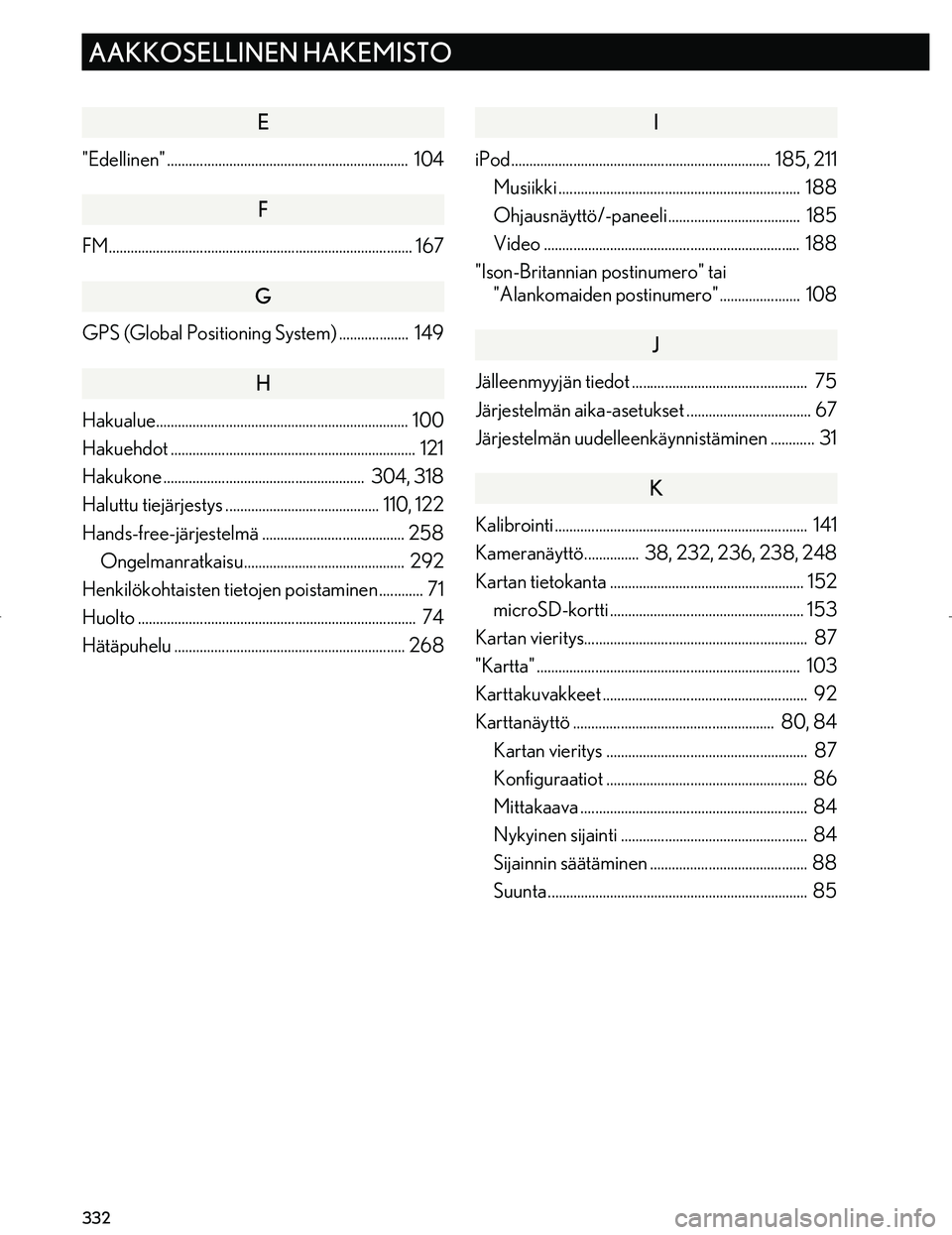 Lexus IS300h 2016  Navigointi manuaalinen (in Finnish) 332
AAKKOSELLINEN HAKEMISTO
OM53E02FI
E
"Edellinen" ..................................................................  104
F
FM........................................................................