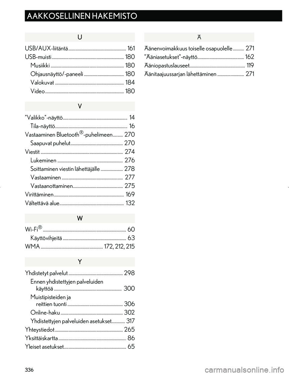 Lexus IS300h 2016  Navigointi manuaalinen (in Finnish) 336
AAKKOSELLINEN HAKEMISTO
OM53E02FI
U
USB/AUX-liitäntä .................................................... 161
USB-muisti .................................................................  180Mus