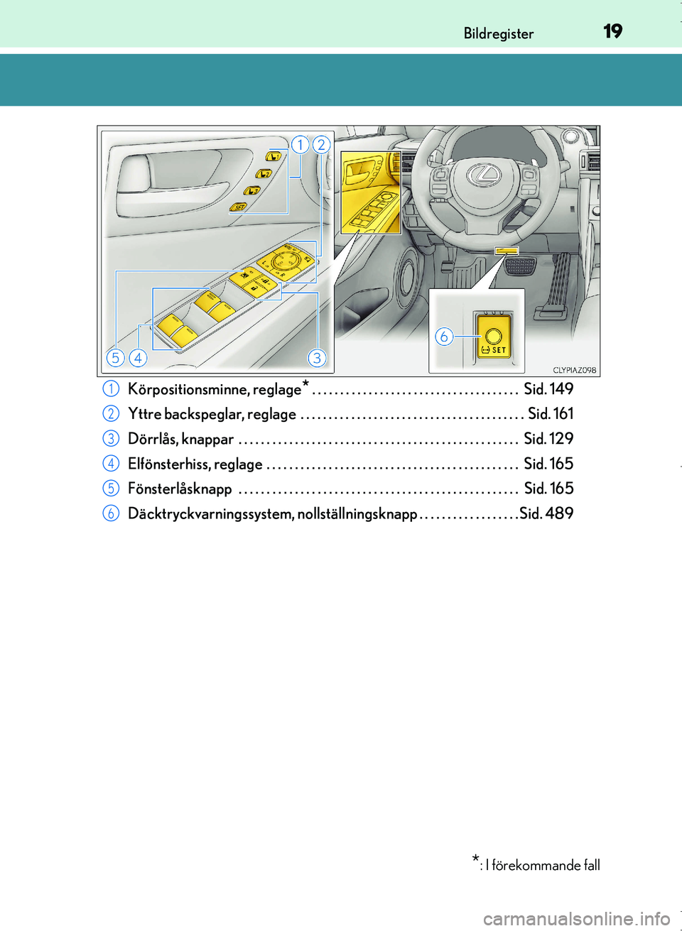 Lexus IS300h 2016  Ägarmanual (in Swedish) 19Bildregister
OM53D89SE
Körpositionsminne, reglage* . . . . . . . . . . . . . . . . . . . . . . . . . . . . . . . . . . . . .  Sid. 149
Yttre backspeglar, reglage  . . . . . . . . . . . . . . . . . 