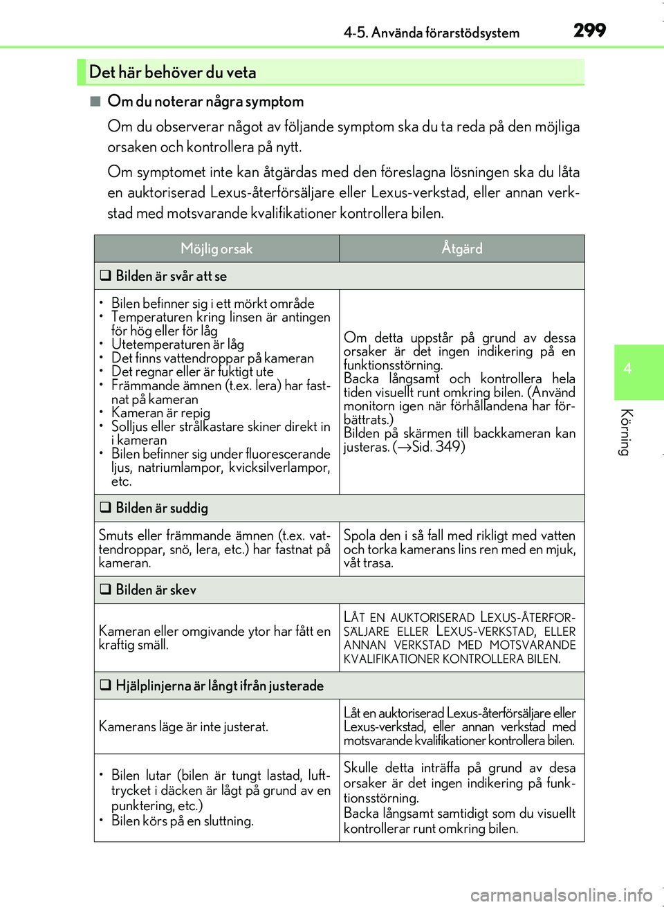 Lexus IS300h 2016  Ägarmanual (in Swedish) 2994-5. Använda förarstödsystem
4
Körning
OM53D89SE
■Om du noterar några symptom
Om du observerar något av följande symptom ska du ta reda på den möjliga
orsaken och kontrollera på nytt.
O