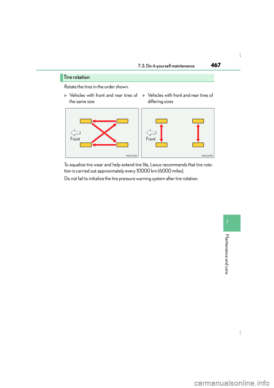 Lexus IS300h 2015 Owners Manual 4677-3. Do-it-yourself maintenance
7
Maintenance and care
IS300h_EE(OM53D56E)
Rotate the tires in the order shown.
To equalize tire wear and help extend tire life, Lexus recommends that tire rota-
tio Lexus IS300h 2015 Owners Manual 4677-3. Do-it-yourself maintenance
7
Maintenance and care
IS300h_EE(OM53D56E)
Rotate the tires in the order shown.
To equalize tire wear and help extend tire life, Lexus recommends that tire rota-
tio