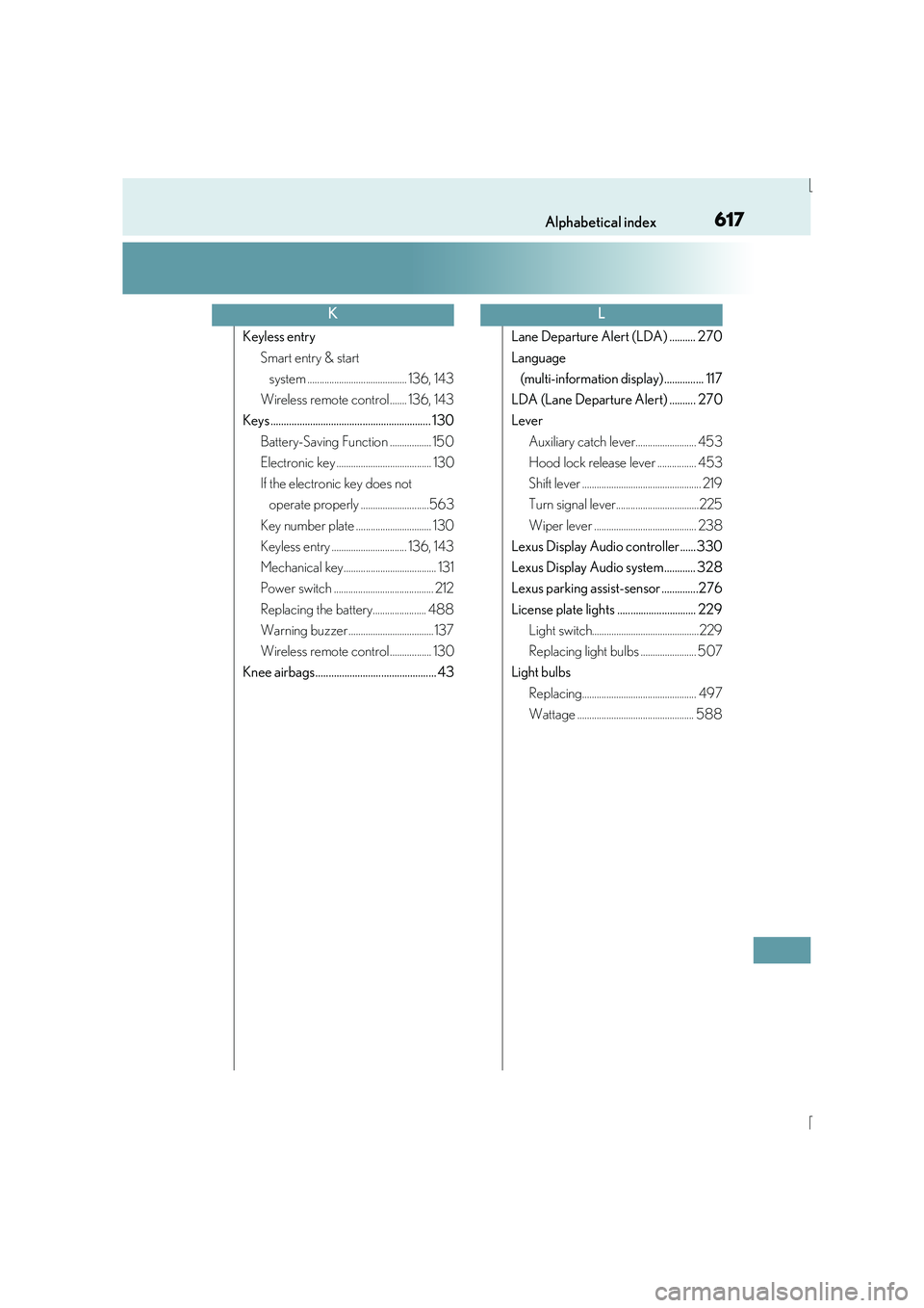 Lexus IS300h 2015  Owners Manual 617Alphabetical index
IS300h_EE(OM53D56E)
Keyless entrySmart entry & start system ......................................... 136, 143
Wireless remote control ....... 136, 143
Keys .....................