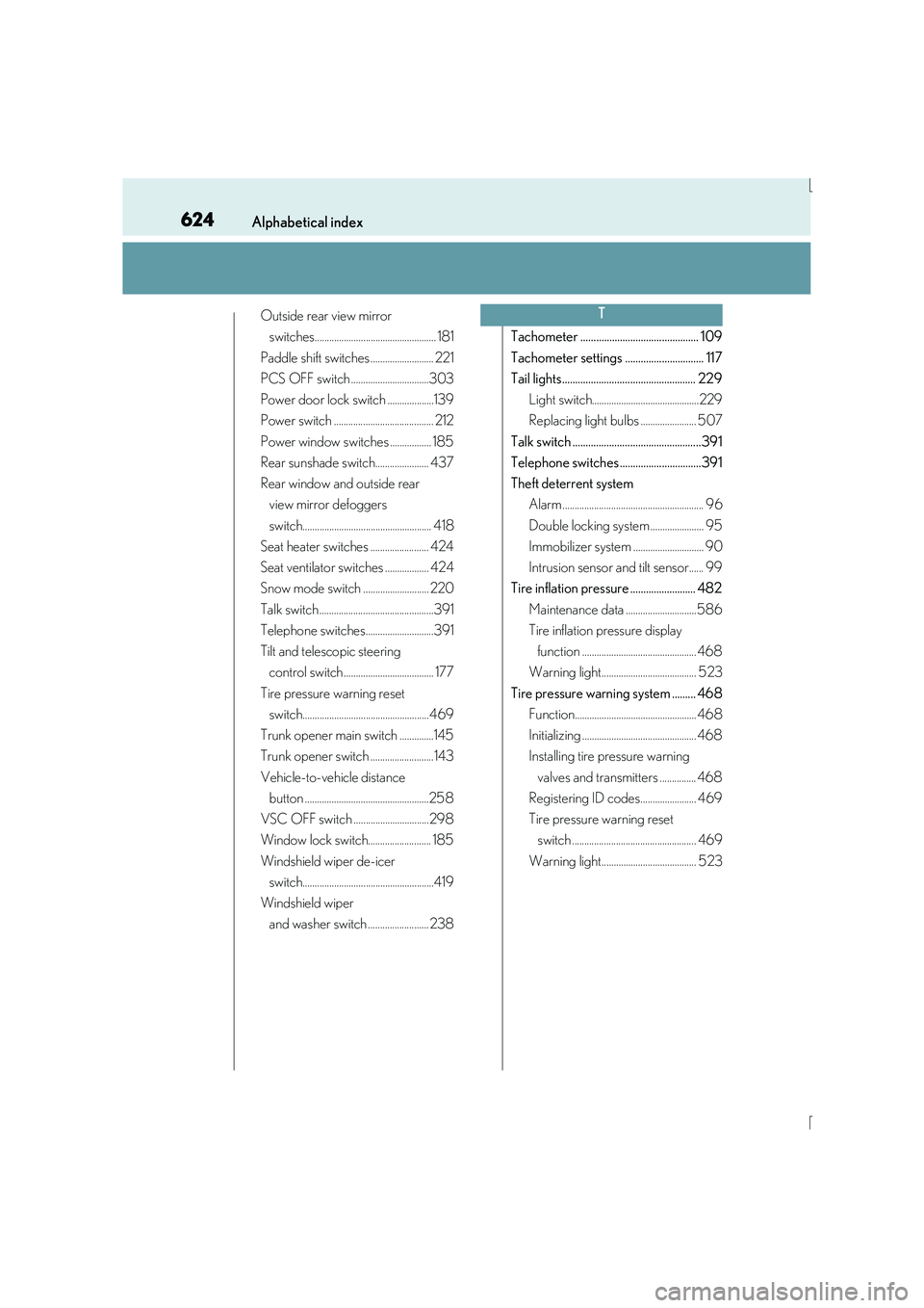 Lexus IS300h 2015 Service Manual 624Alphabetical index
IS300h_EE(OM53D56E)
Outside rear view mirror switches.................................................. 181
Paddle shift switches .......................... 221
PCS OFF switch ..