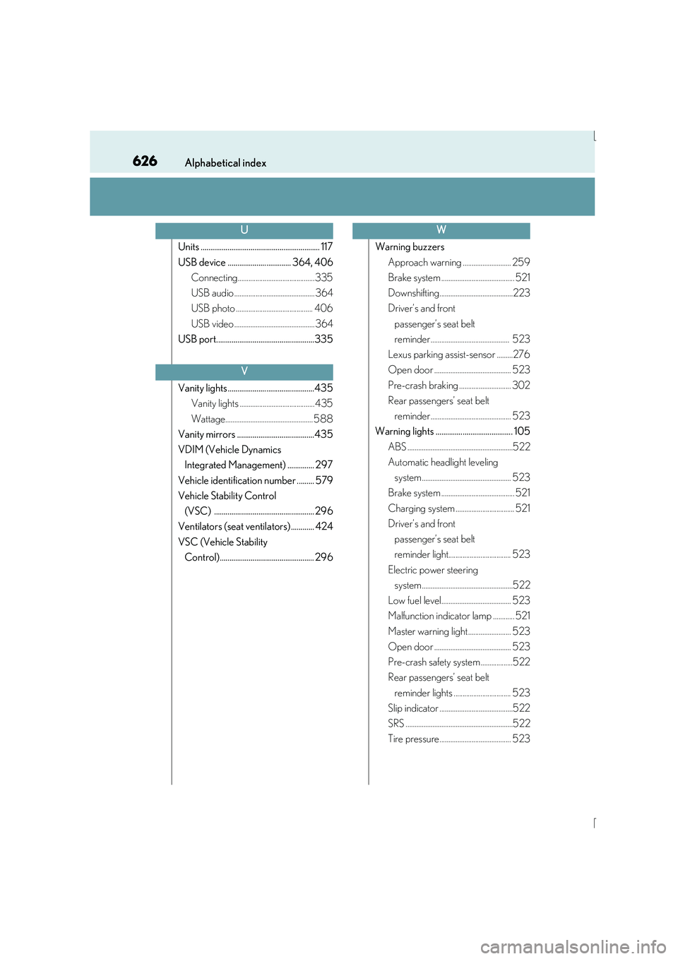 Lexus IS300h 2015 User Guide 626Alphabetical index
IS300h_EE(OM53D56E)
Units .............................................................. 117
USB device ................................. 364, 406Connecting......................