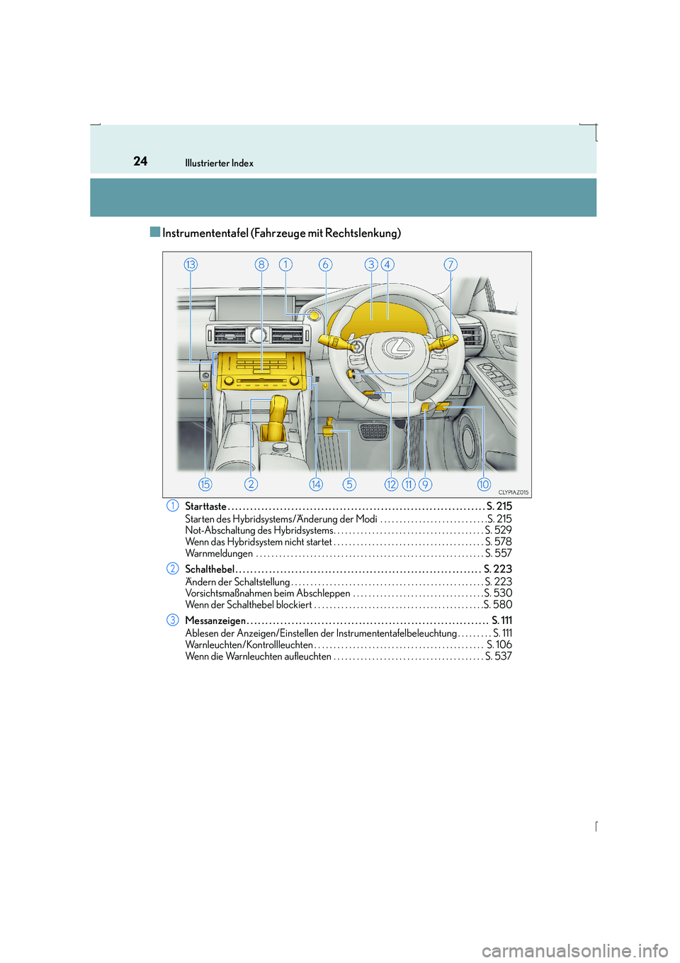 Lexus IS300h 2015  Betriebsanleitung (in German) 24Illustrierter Index
IS300h_EM(OM53D58M)
■Instrumententafel (Fahrzeuge mit Rechtslenkung)
Starttaste . . . . . . . . . . . . . . . . . . . . . . . . . . . . . . . . . . . . . . . . . . . . . . . . 