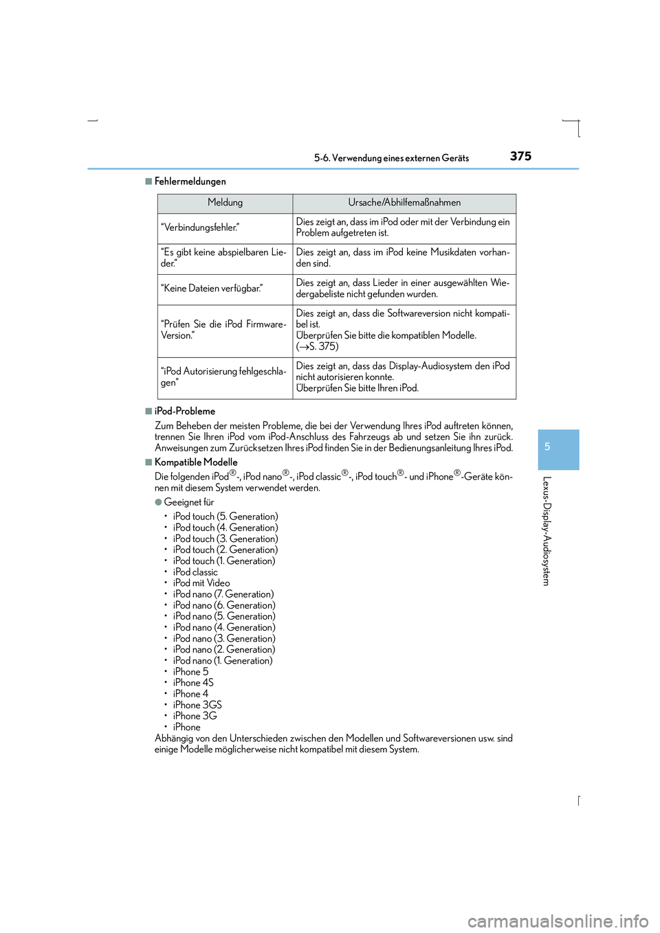 Lexus IS300h 2015  Betriebsanleitung (in German) 3755-6. Verwendung eines externen Geräts
5
Lexus-Display-Audiosystem
IS300h_EM(OM53D58M)
■Fehlermeldungen
■iPod-Probleme
Zum Beheben der meisten Probleme, die bei der Verwendung Ihres iPod auftre